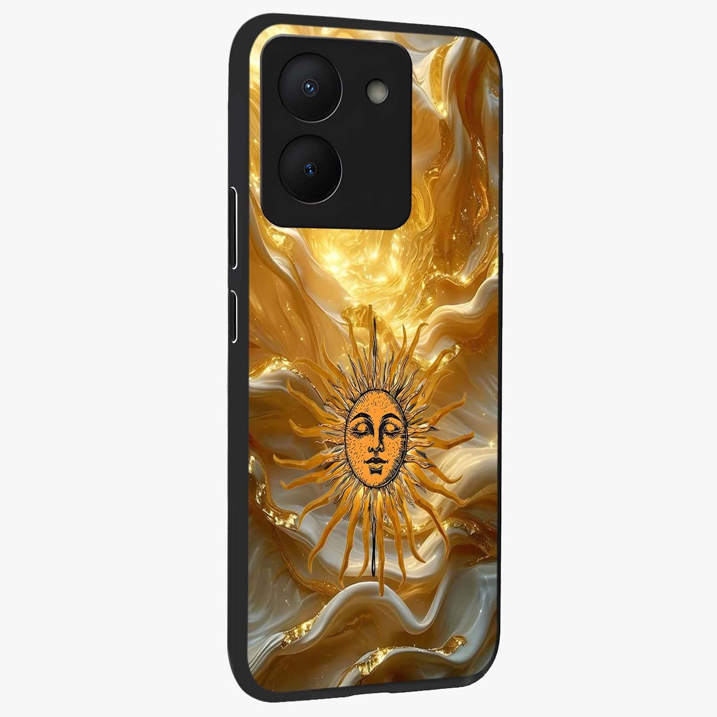 Eternal Golden Glow Glass Case upright view showcasing luminous golden artwork with luxurious visual theme.