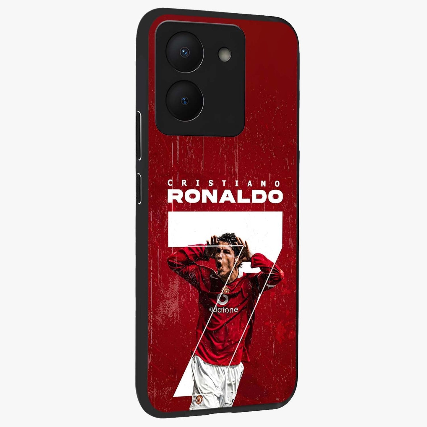 Goal Celebration Legacy Glass Case upright view showcasing dynamic football inspired artwork with victory celebration aesthetic.