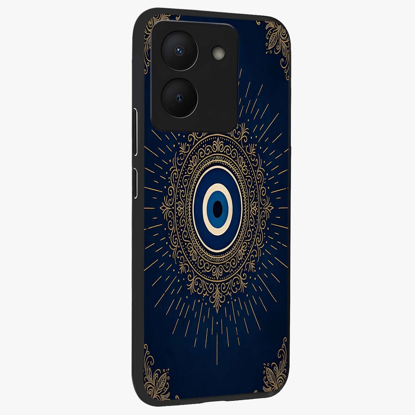 Golden Celestial Charm Glass Case upright view showcasing radiant celestial artwork with elegant golden theme.