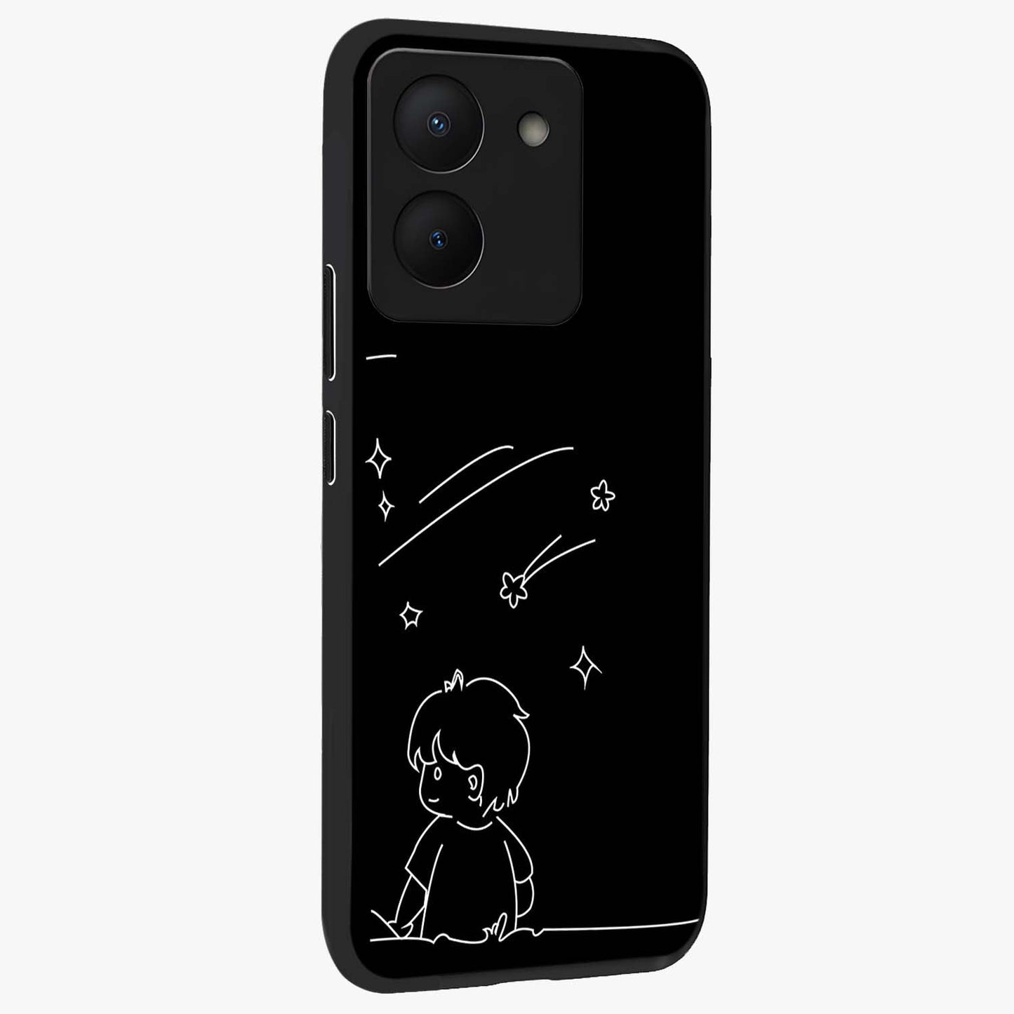 Line Art Boy With Shooting Stars Glass Case upright view showcasing artistic shooting star illustration with minimal style.