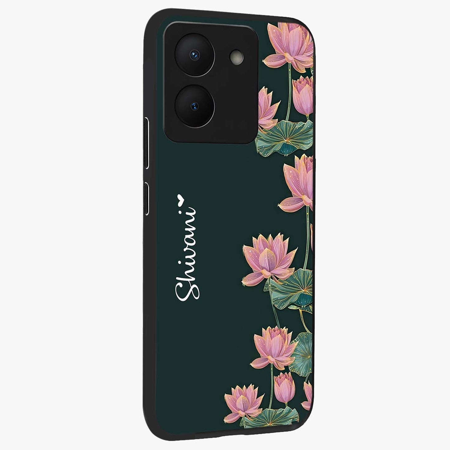 Lotus Bloom Serenity Custom Name Glass Case upright view showcasing serene lotus bloom artwork with personalized floral aesthetic.