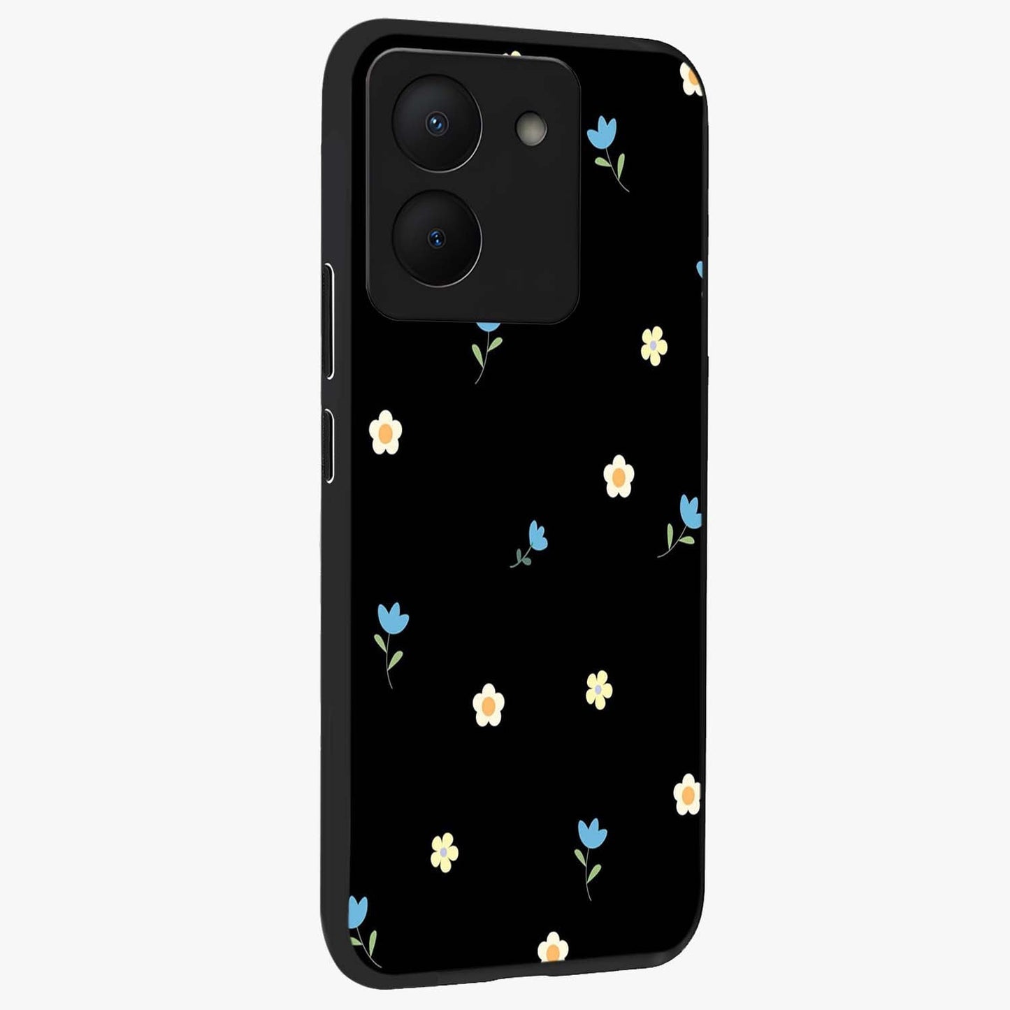 Minimal Petal Whispers Glass Case upright view showcasing elegant floral artwork with modern minimalist style.
