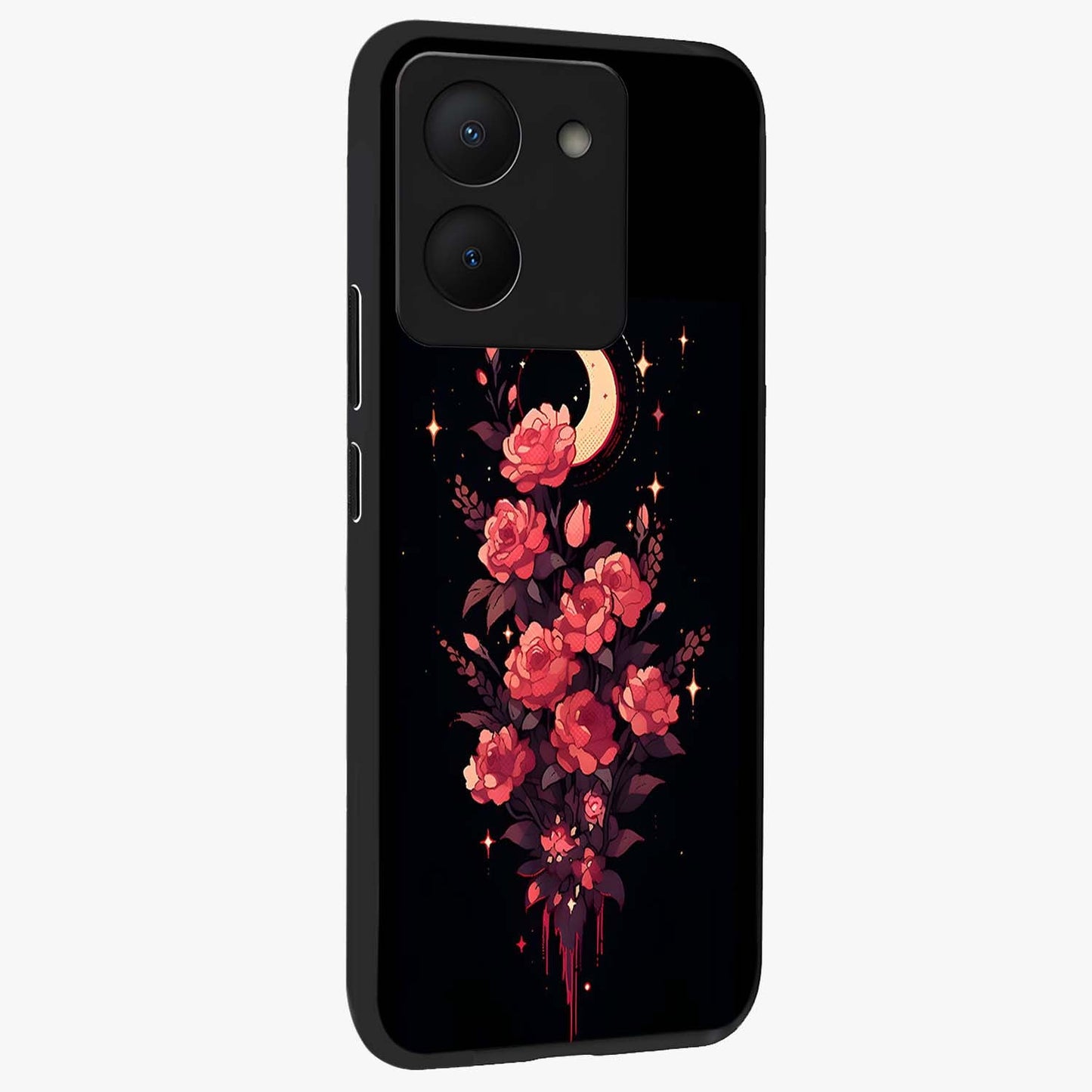 Moonlit Floral Elegance Glass Case upright view showcasing delicate floral artwork with refined night inspired theme.