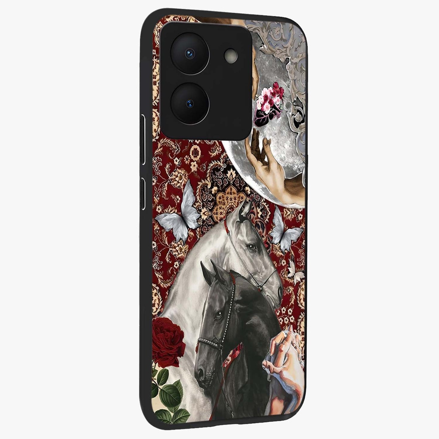 Moonlit Royal Stallion Glass Case upright view showcasing dramatic horse artwork with glowing moon themed design.