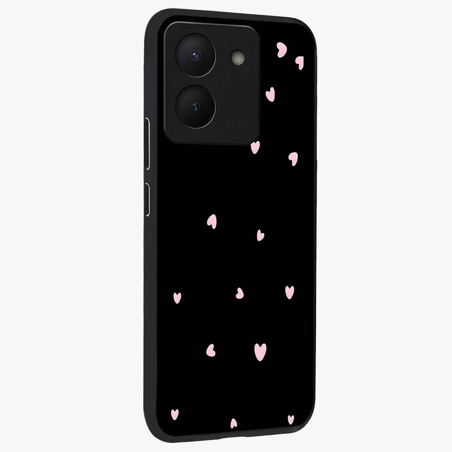 Pink Love Drops Glass Case upright view showcasing charming heart drop artwork with romantic playful theme.