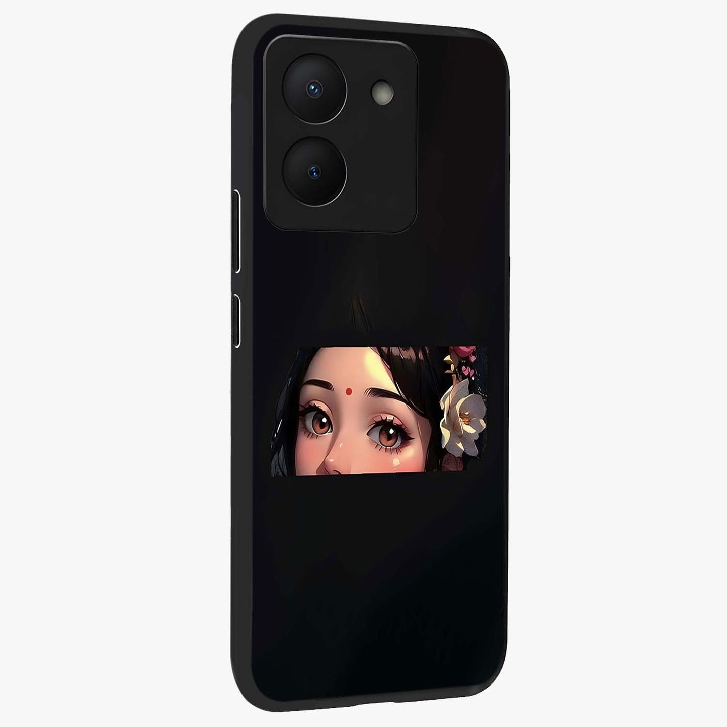 Radha Divine Embrace Glass Case upright view showcasing sacred Radha themed artwork with peaceful devotional style.