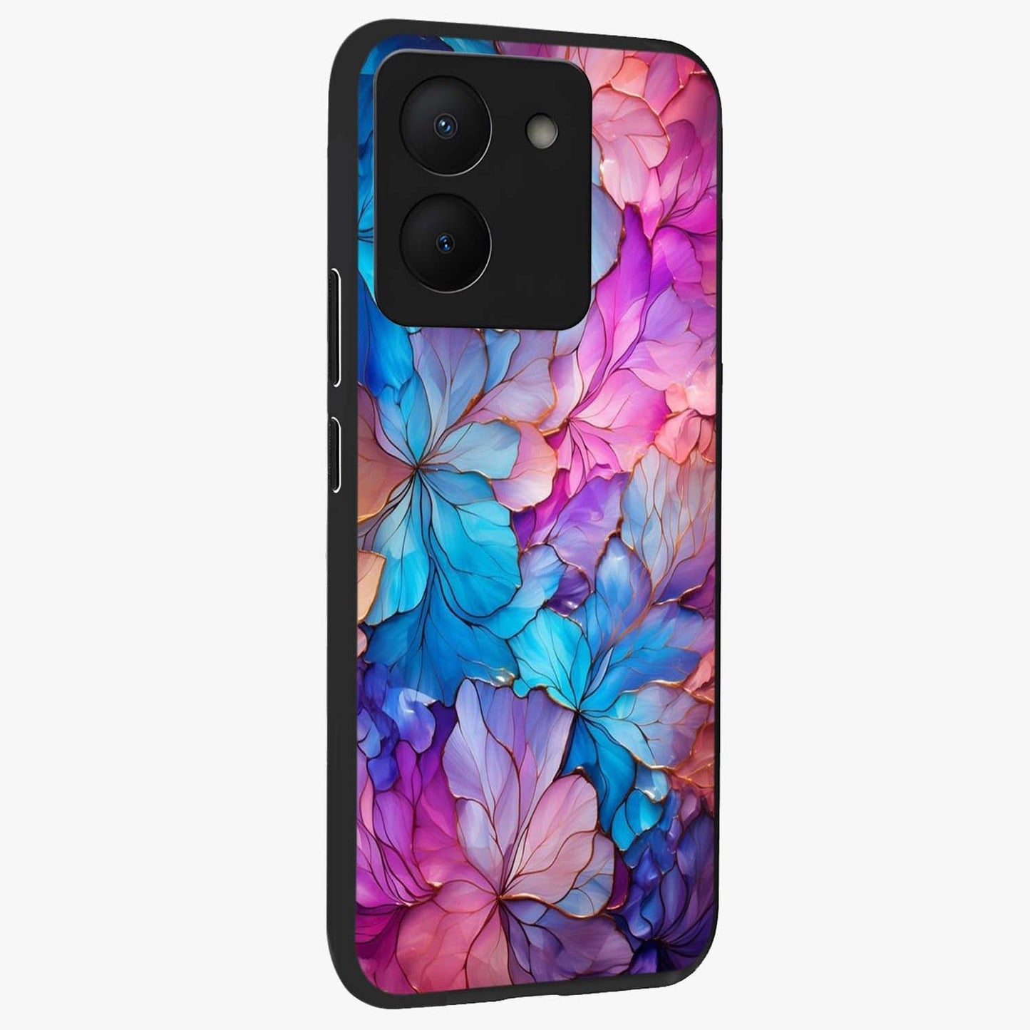 Radiant Floral Whirl Glass Case upright view showcasing lively floral artwork with decorative swirl theme.