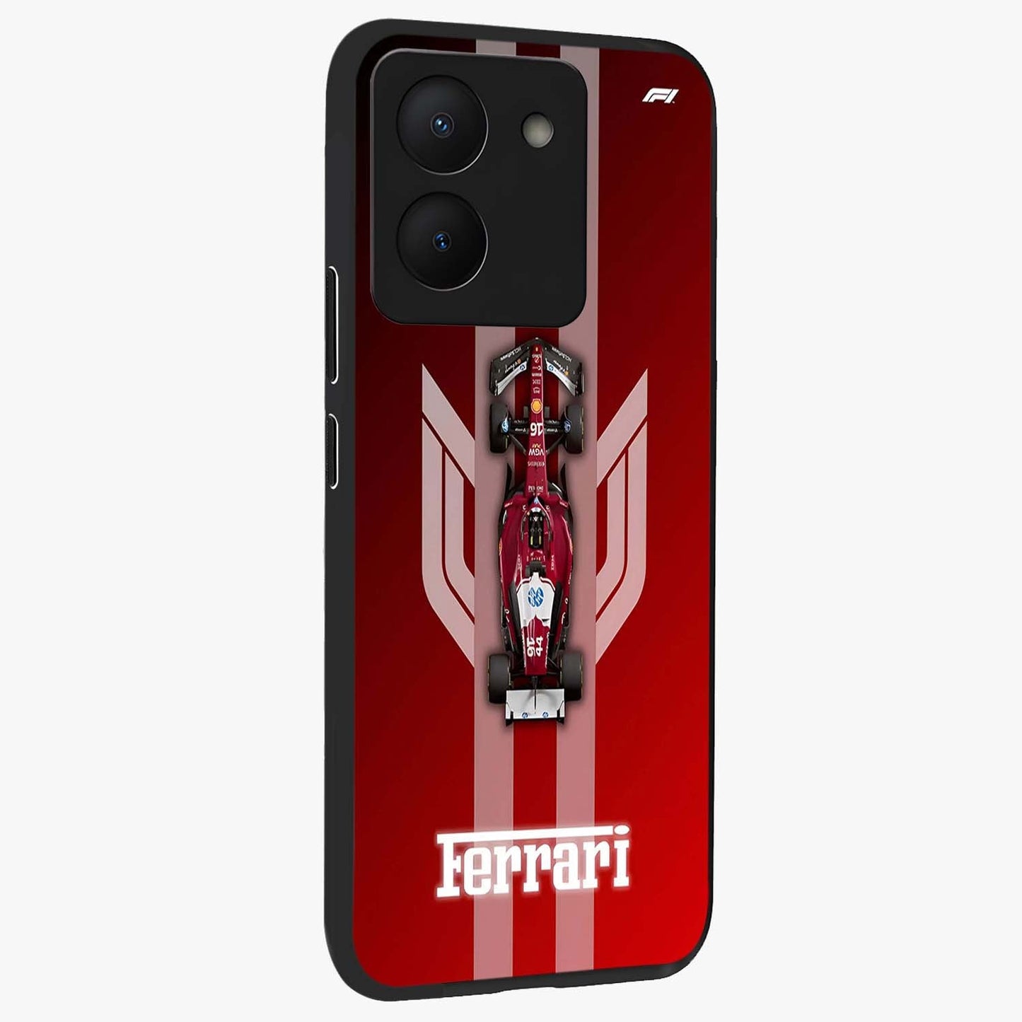 Red Ferrari F1 Vertical Glass Case upright view showcasing powerful Formula car artwork with dynamic motorsport theme.