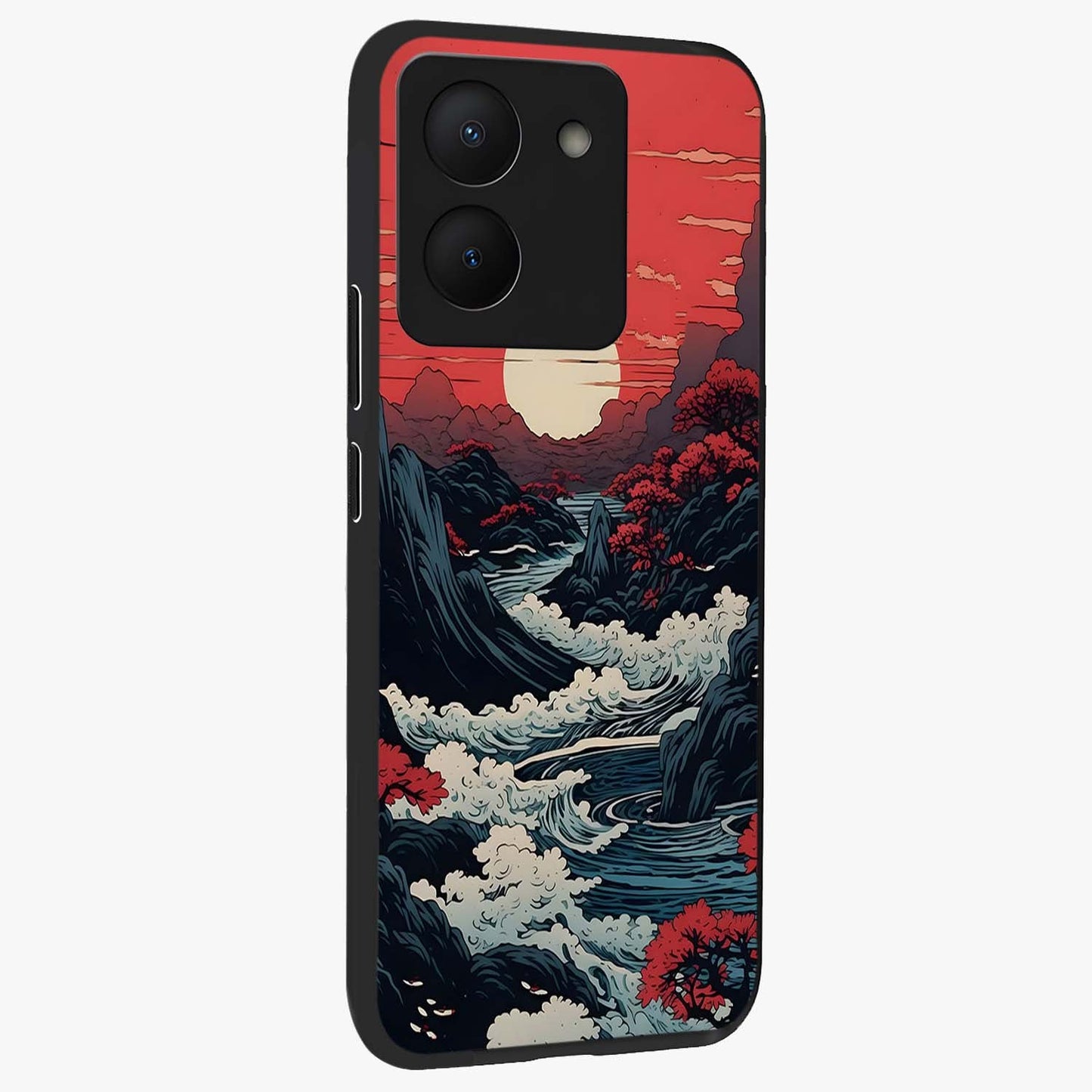 Red Sunset Scenery Glass Case upright view showcasing dramatic sunset scenery artwork with warm nature theme.