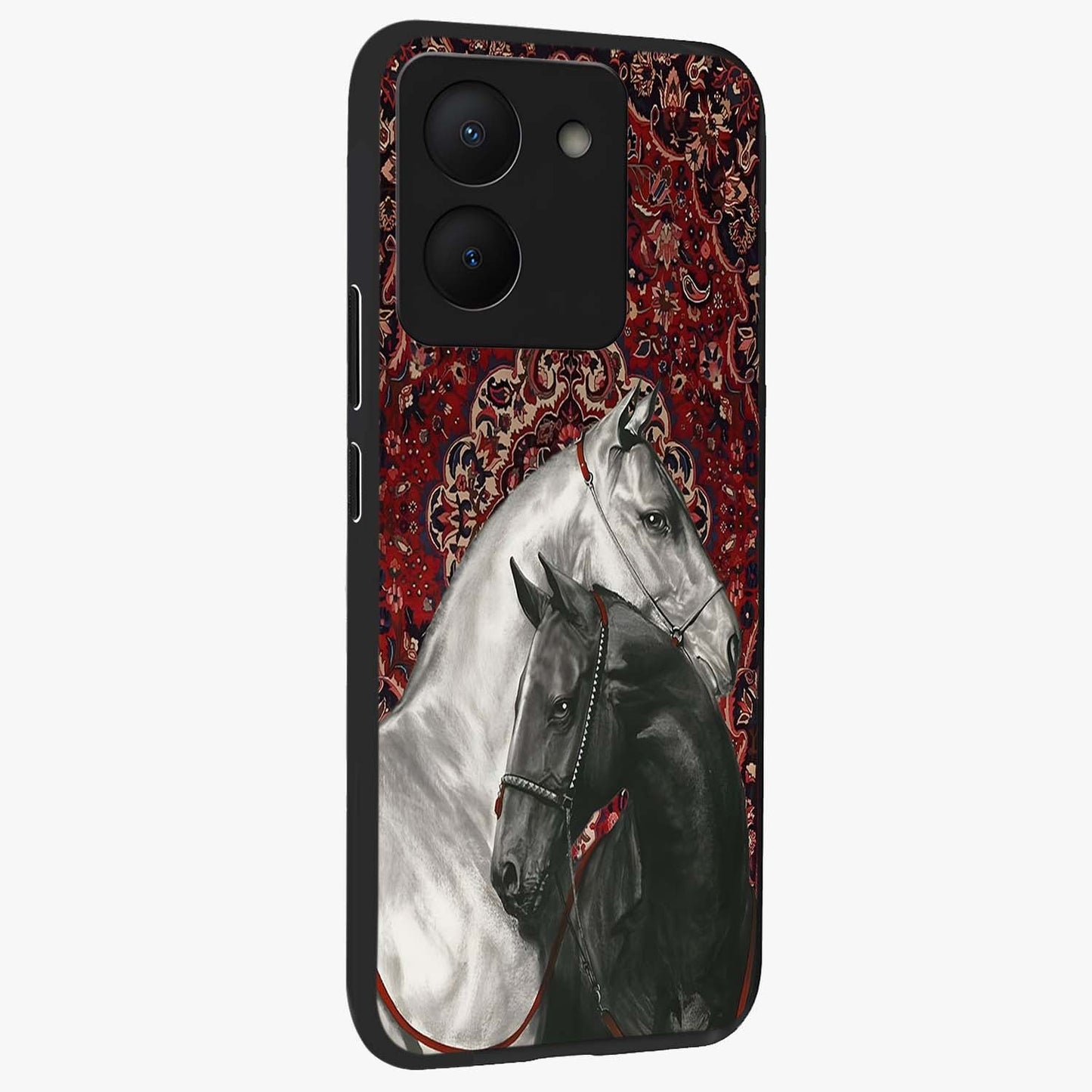 Regal Stallion Tapestry Glass Case upright view showcasing powerful horse artwork with elegant tapestry theme.
