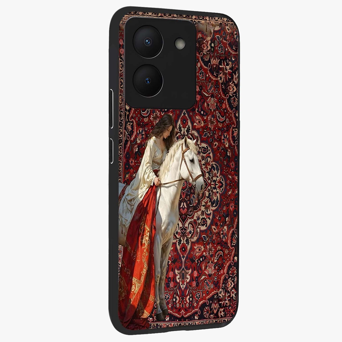 Royal Rider Tapestry Glass Case upright view showcasing detailed rider artwork with classic tapestry theme.