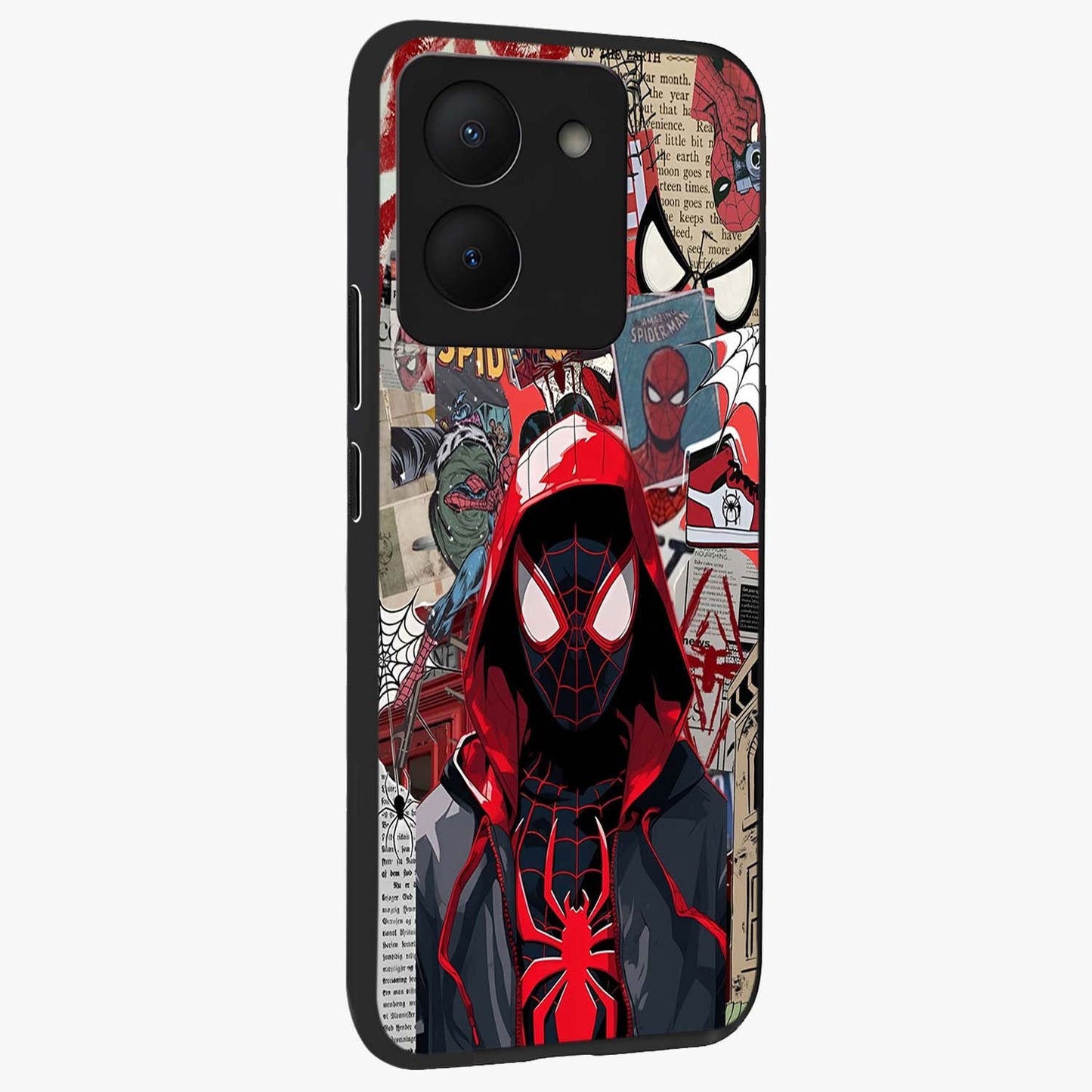 Spider Collage Street Glass Case upright view showcasing bold superhero artwork with urban street theme.