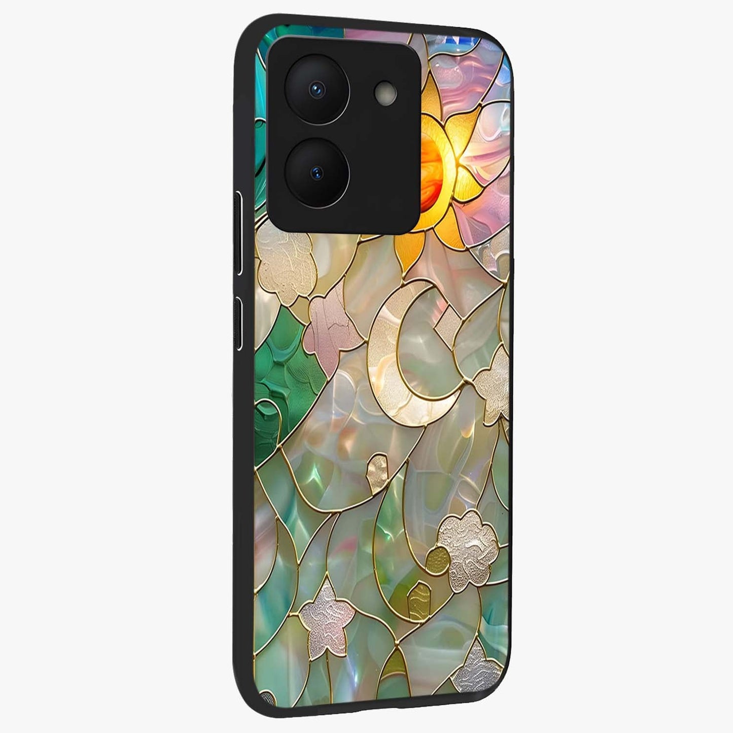 Stained Sunrise Glow Glass Case upright view showcasing colorful sunrise artwork with warm morning theme.
