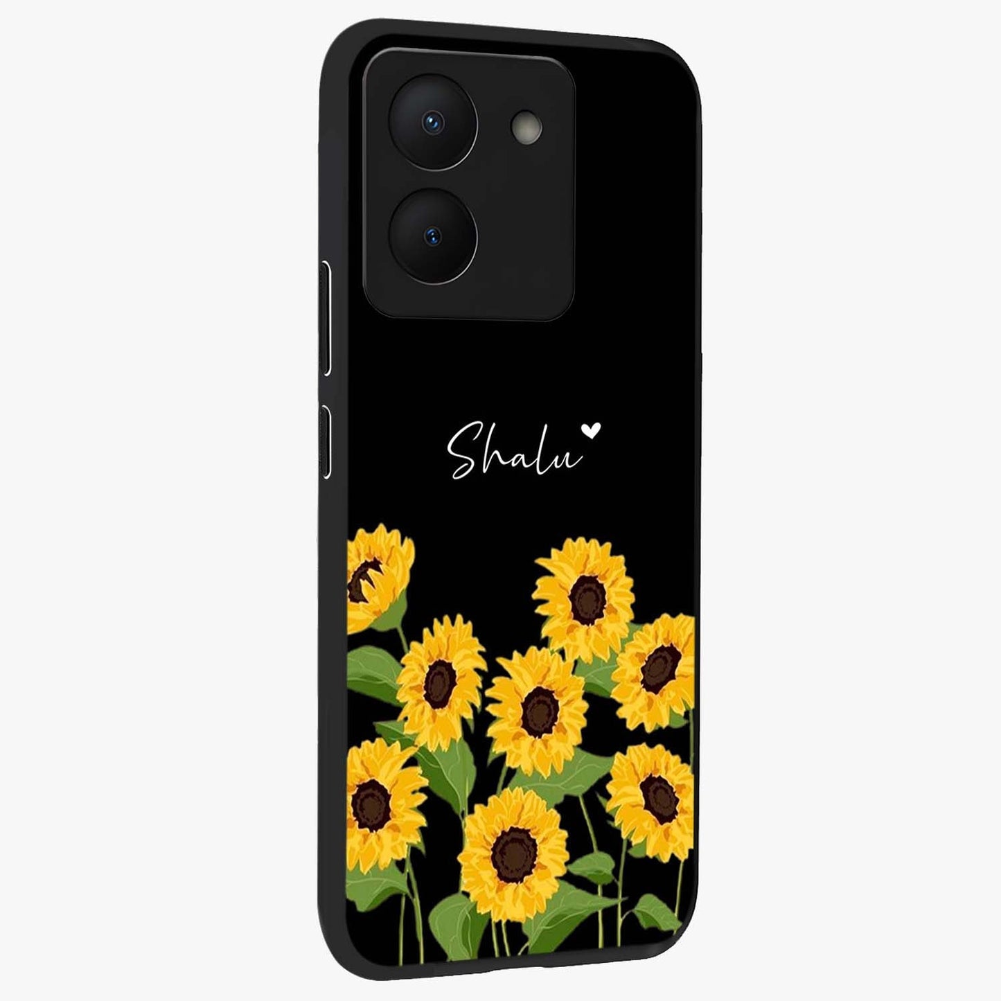 Sunflower Chic Mood Custom Name Glass Case upright view showcasing cheerful sunflower artwork with trendy floral theme.