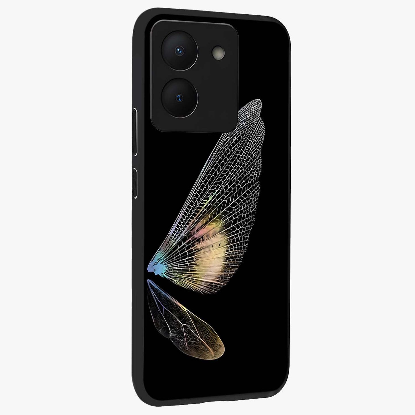 Whispers Of Wings Glass Case upright view showcasing elegant wing artwork with light airy theme.