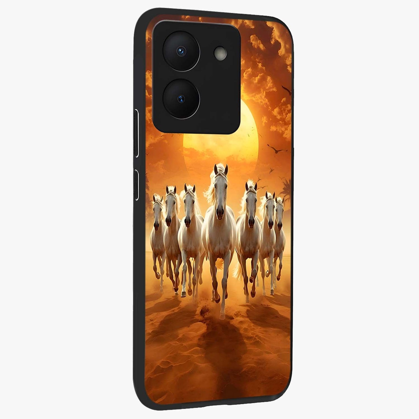 Wild Sunset Majesty Glass Case upright view showcasing dramatic sunset artwork with bold nature theme.