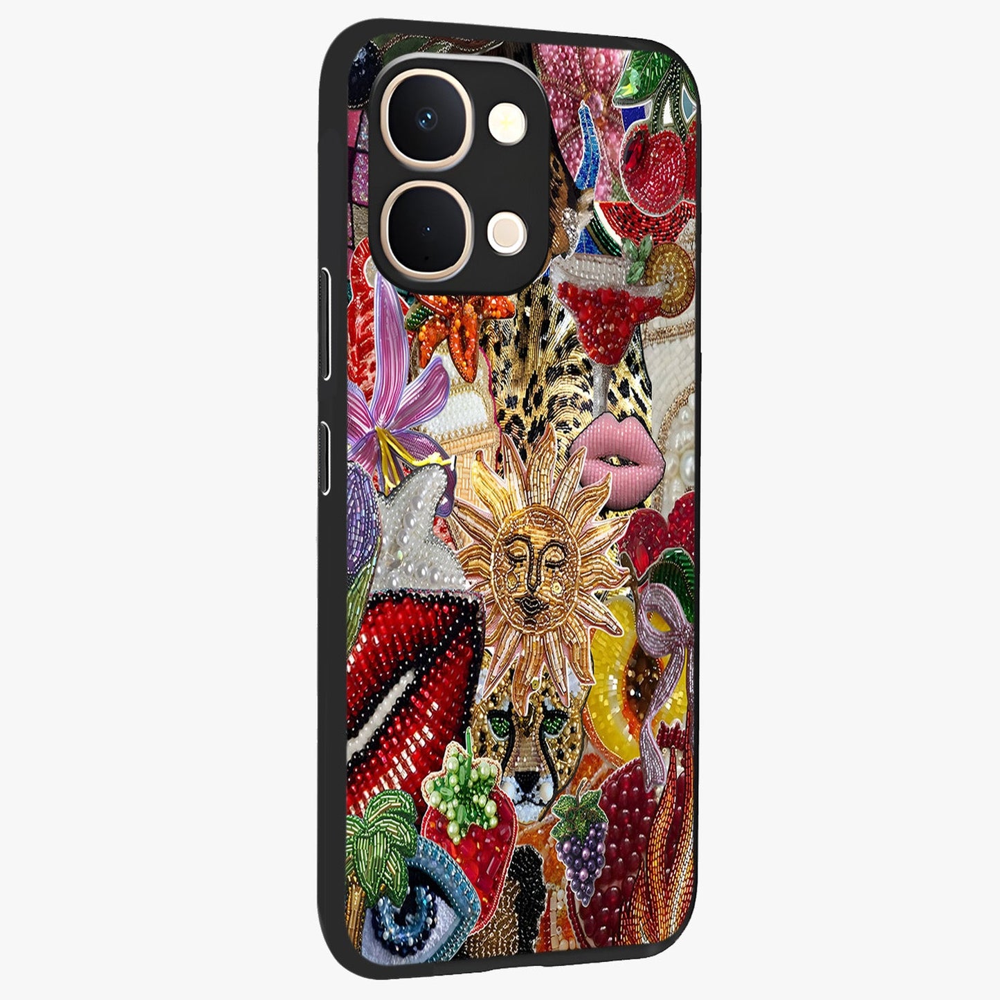 Beaded Fashion Jungle Glass Case upright view showcasing tropical jungle aesthetic with decorative bead elements.
