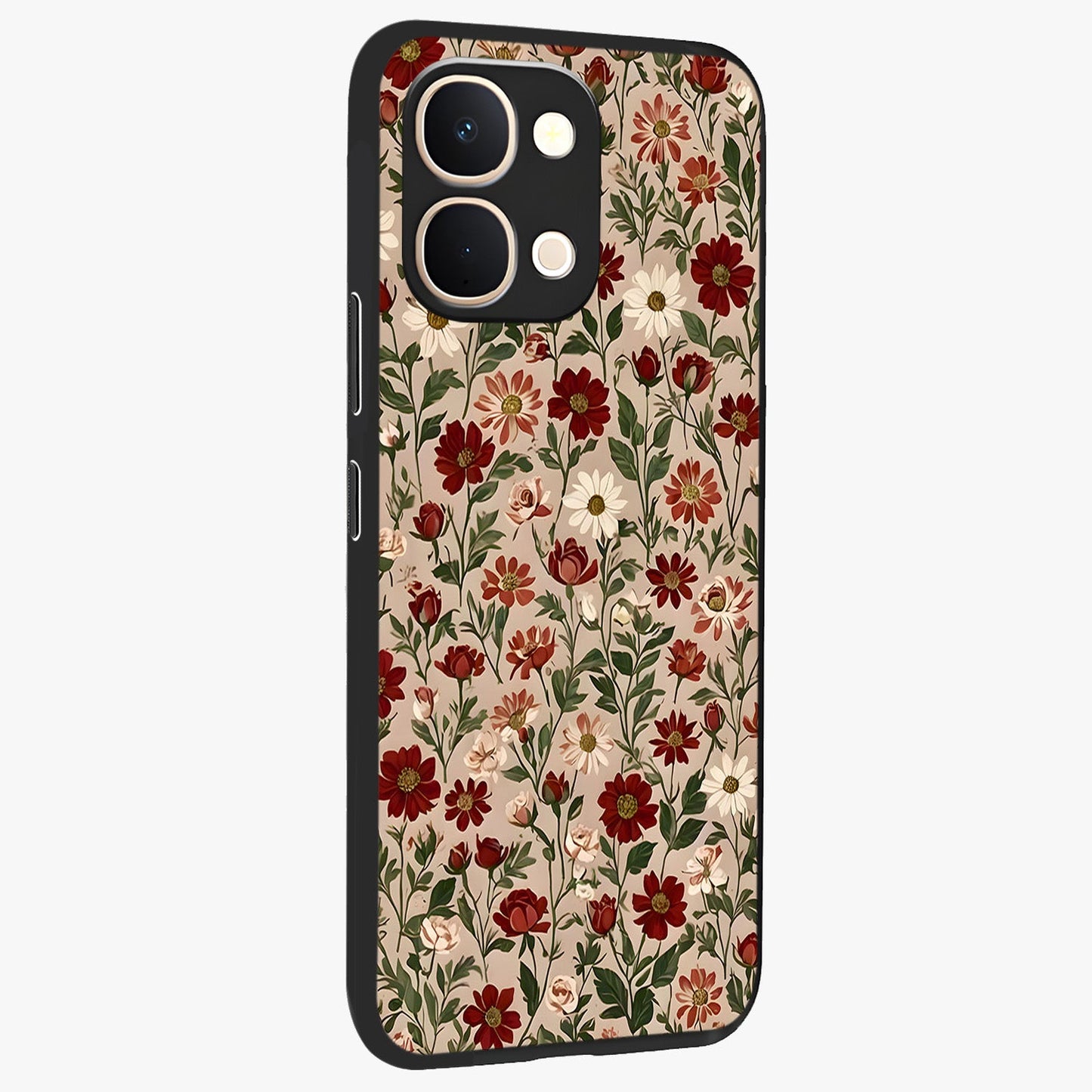 Biege Flower With Leaf Glass Case upright view showcasing delicate beige flower illustration with clean botanical style.