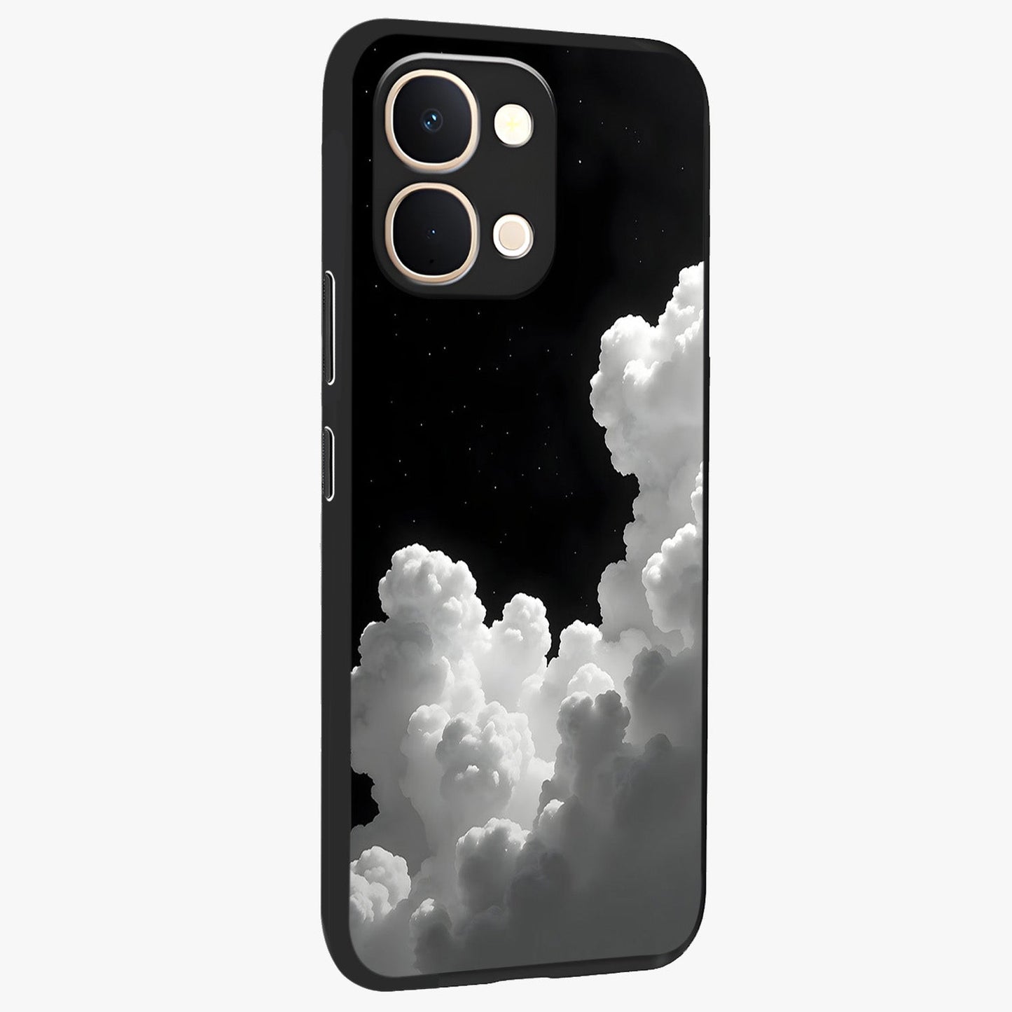 Black Background With White Cloud Glass Case upright view showcasing calm cloud aesthetic with modern minimal style.