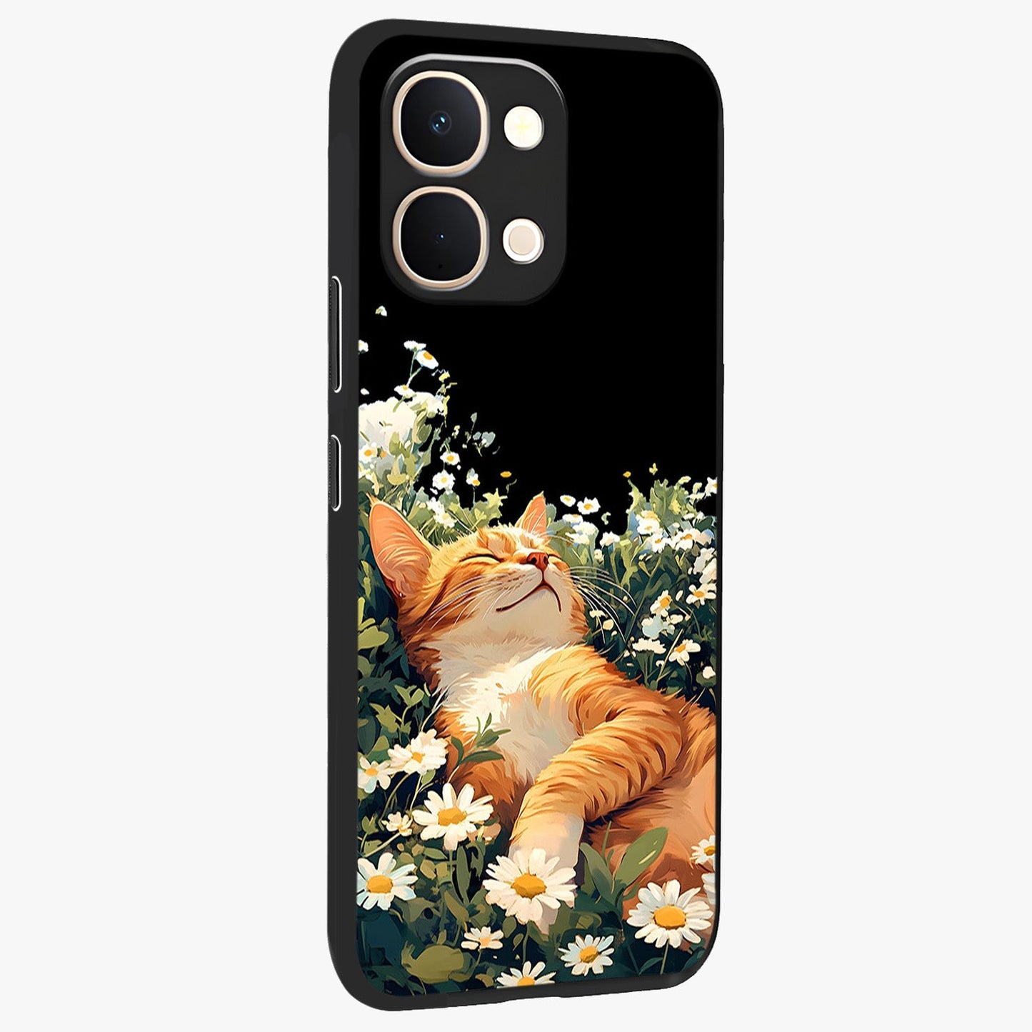 Blissful Bloom Cat Glass Case upright view showcasing charming cat design surrounded by blooming floral elements.