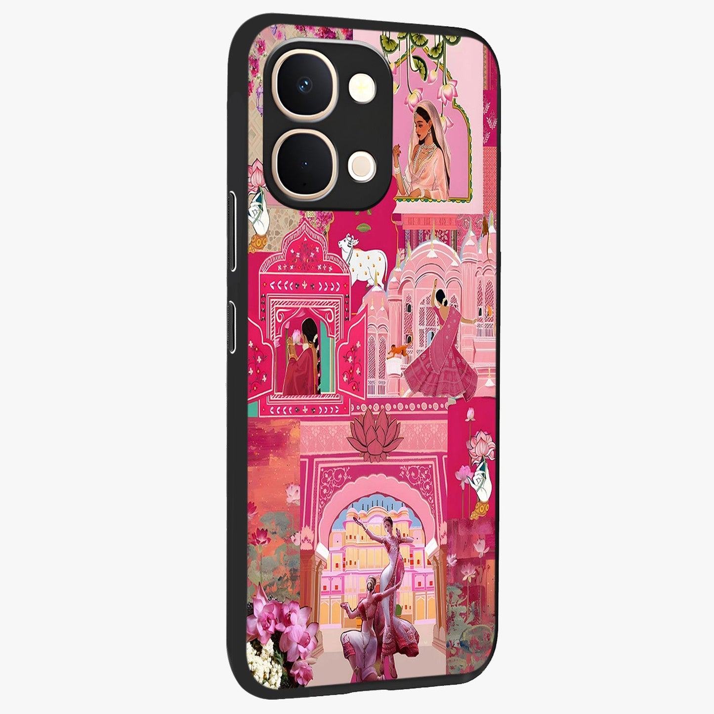 Blossoms of Rajasthan Glass Case upright view showcasing colorful floral design inspired by traditional Indian art.