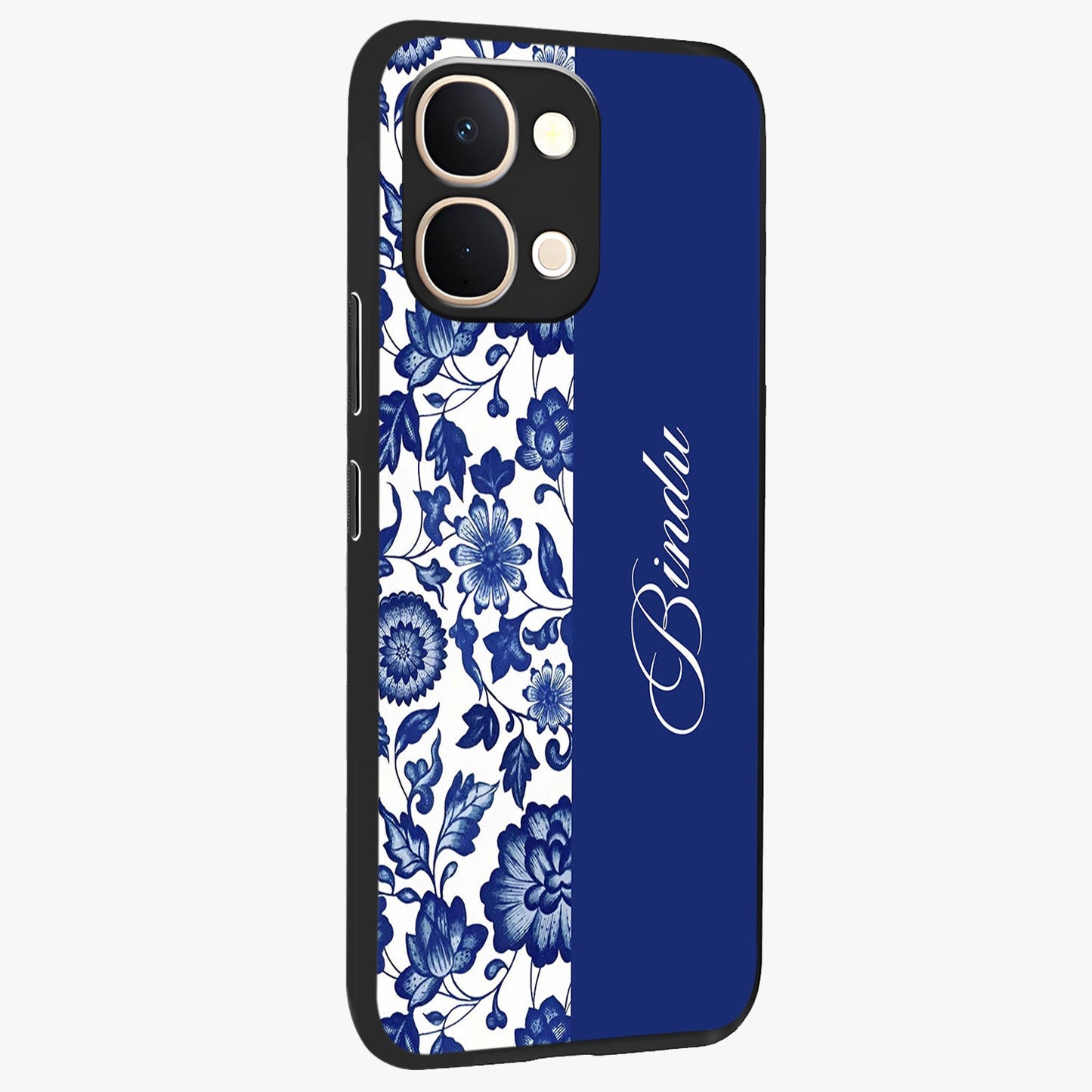 Blue Vintage Floral Pattern Glass Case upright view showcasing delicate blush floral texture with modern minimal style.