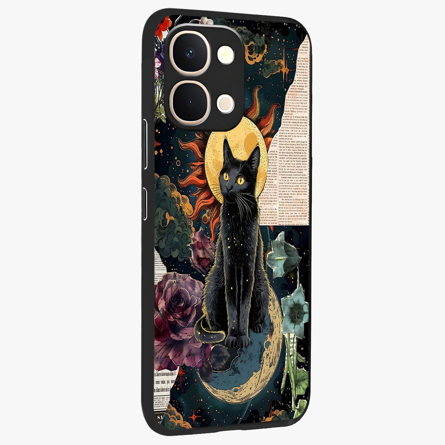 Celestial Black Cat Glass Case upright view showcasing magical black cat illustration with starry cosmic theme.