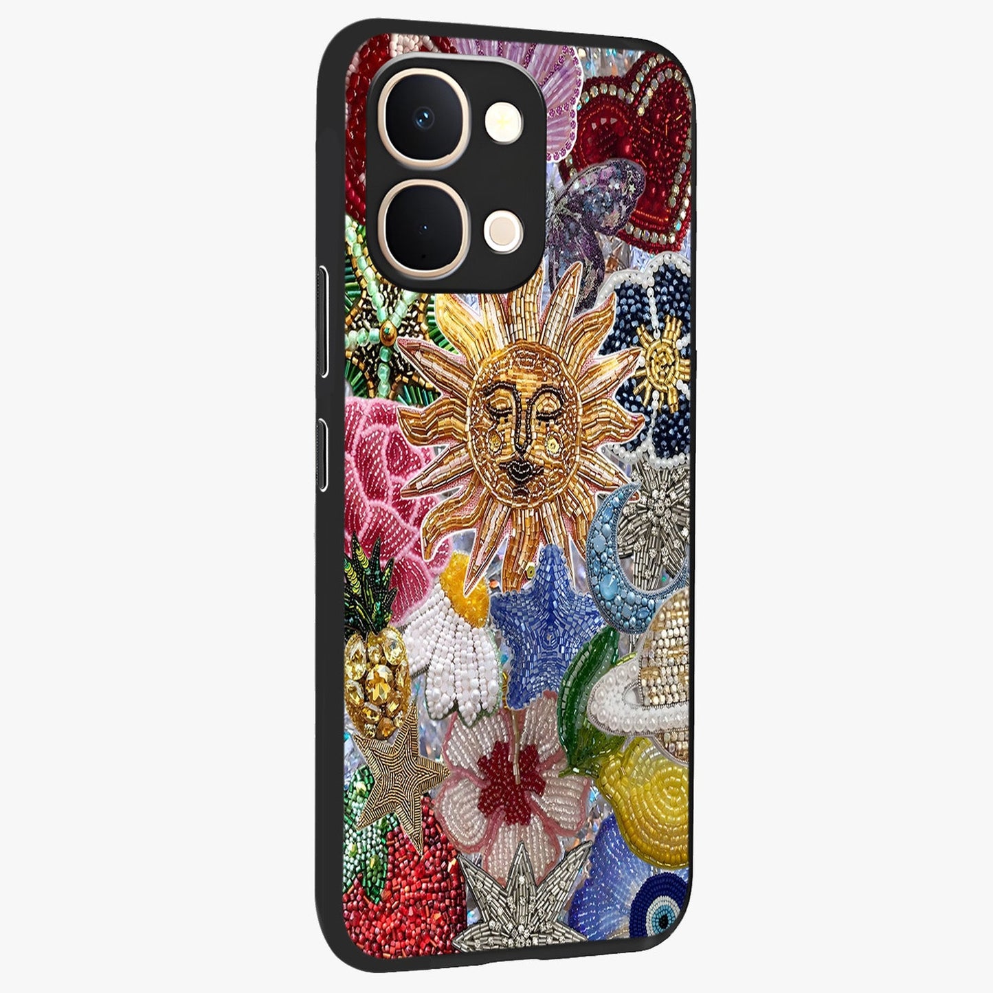 Celestial Floral and Playful Glass Case upright view showcasing whimsical floral artwork with cosmic aesthetic theme.