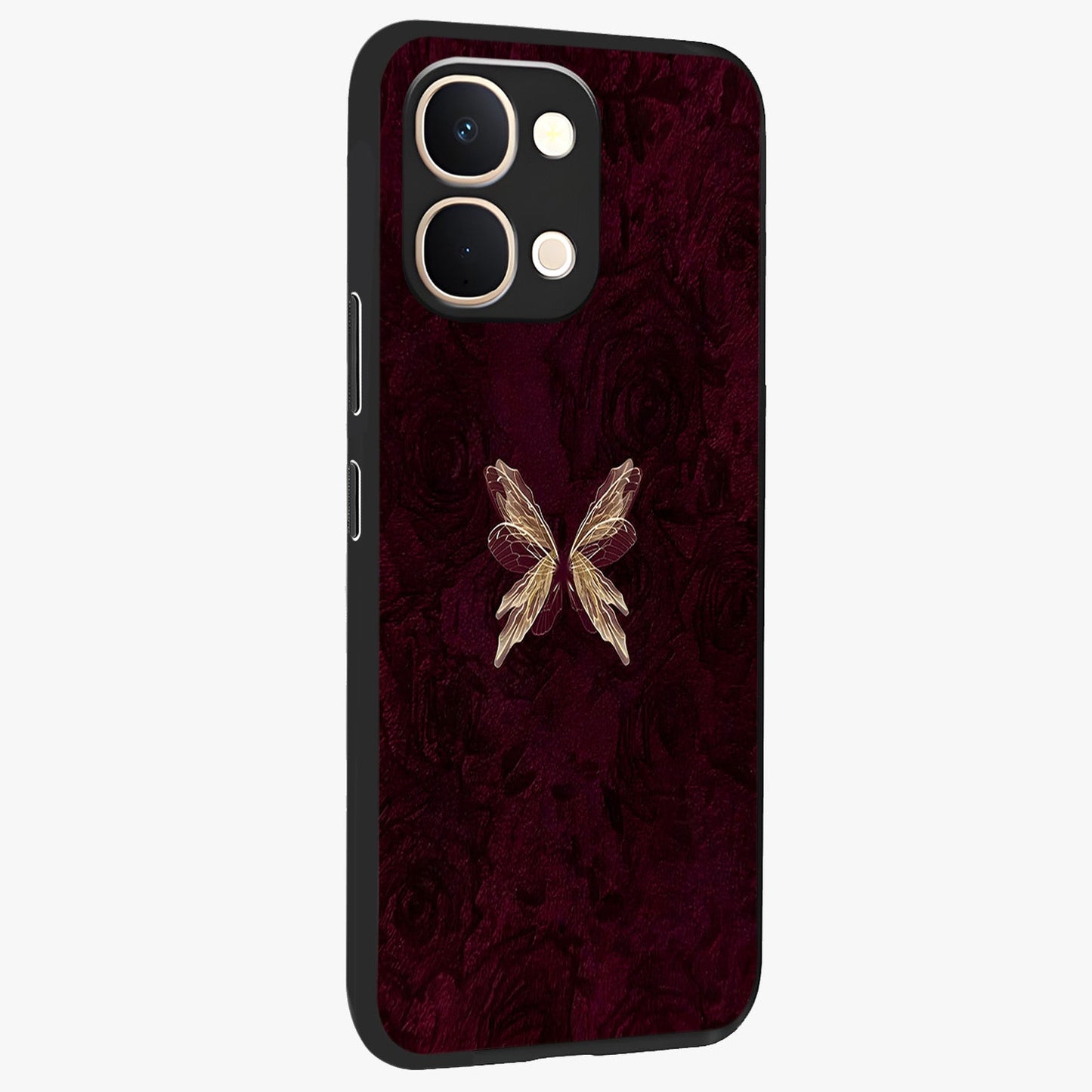 Crimson Fade Butterfly Glass Case upright view showcasing graceful butterfly artwork with soft crimson fade effect.