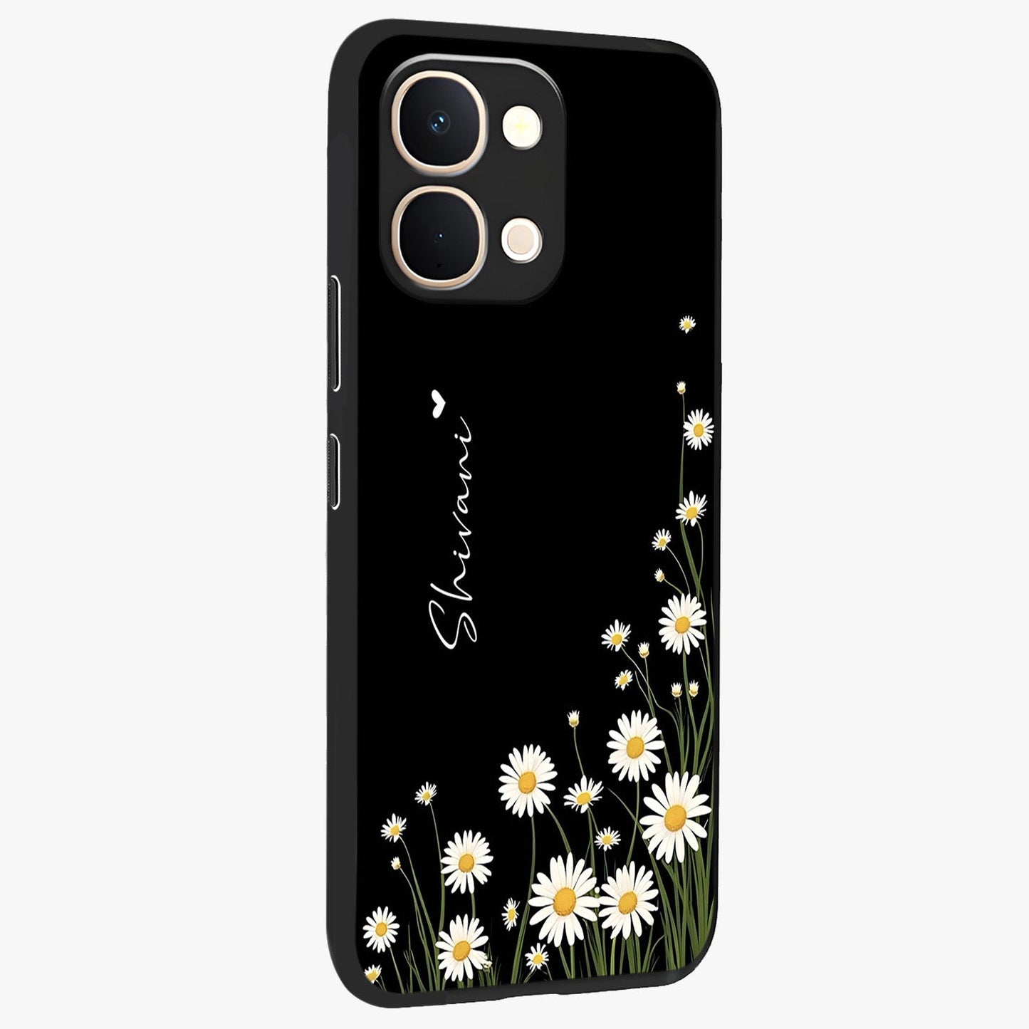 Daisy Cascade Custom Name Glass Case upright view showcasing elegant floral cascade design with personalized aesthetic.