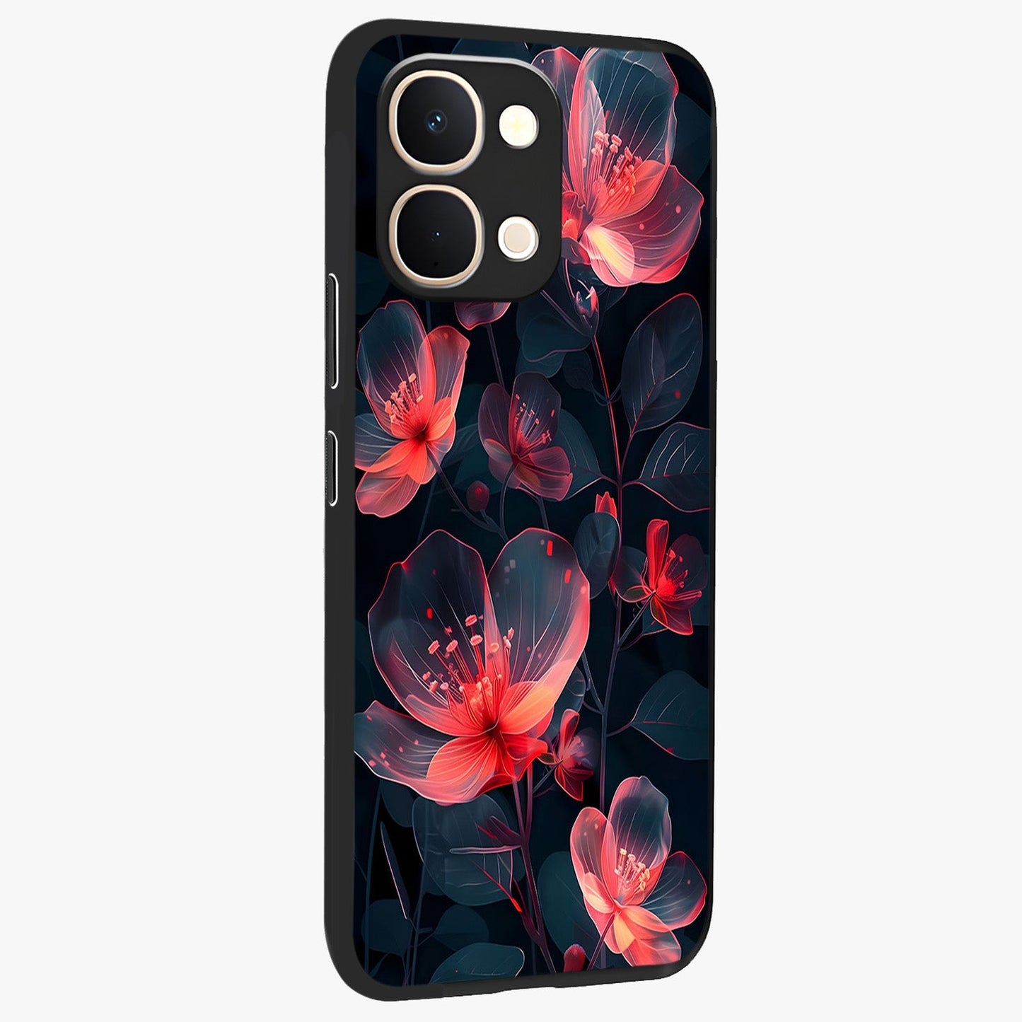 Dark Shade of Flower Glass Case upright view showcasing delicate flower artwork with rich dark floral theme.