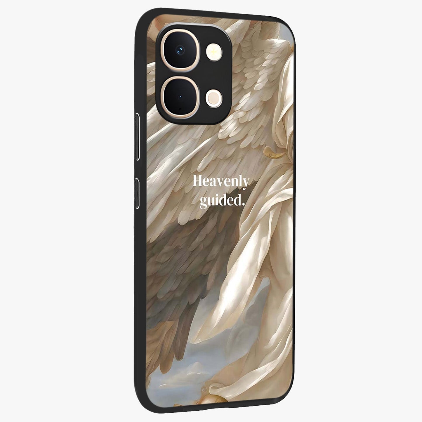 Divine Winged Grace Glass Case upright view showcasing spiritual wing artwork with soft celestial theme.
