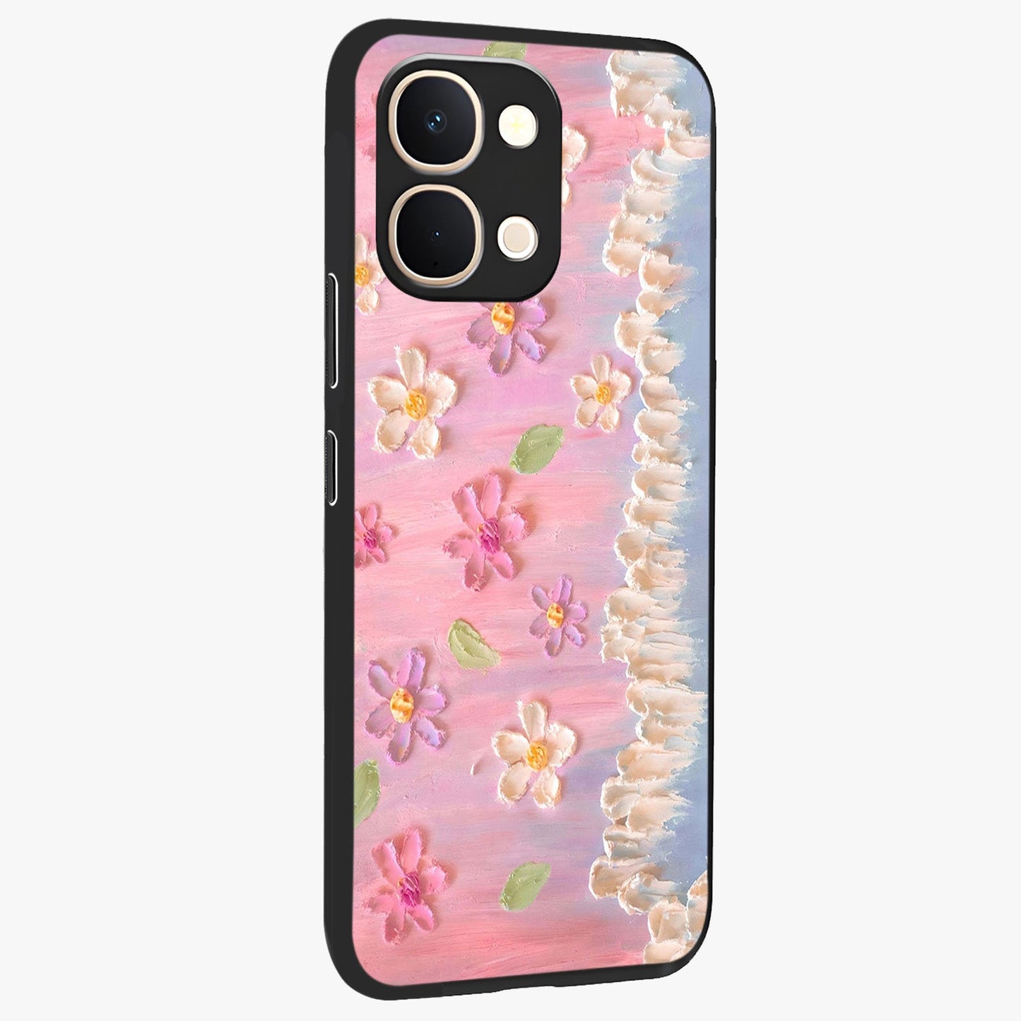Dreamy Painted Garden Glass Case upright view showcasing vibrant floral garden artwork with artistic nature theme.