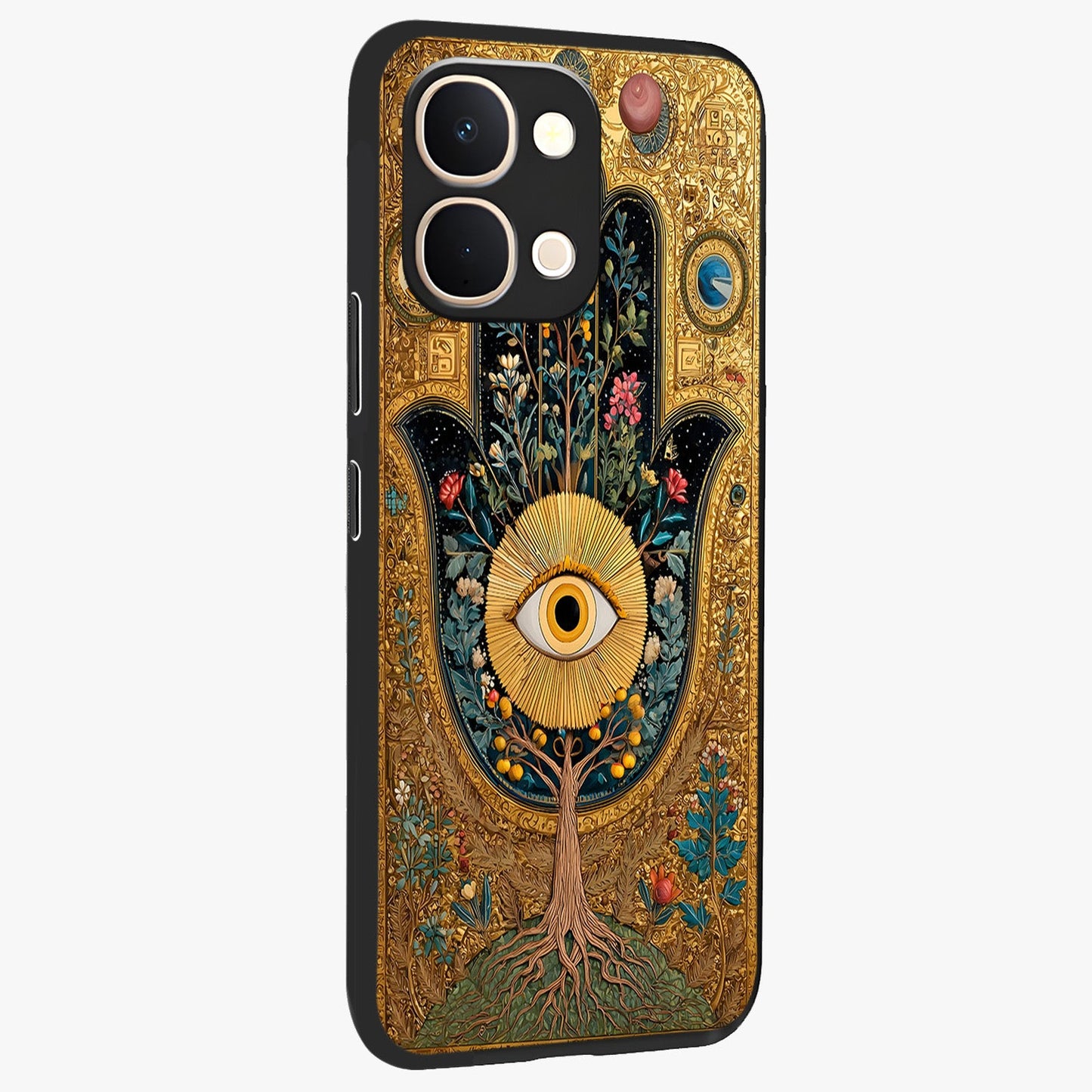 Ethereal Evil Eye Glass Case upright view showcasing celestial evil eye artwork with mystical theme.