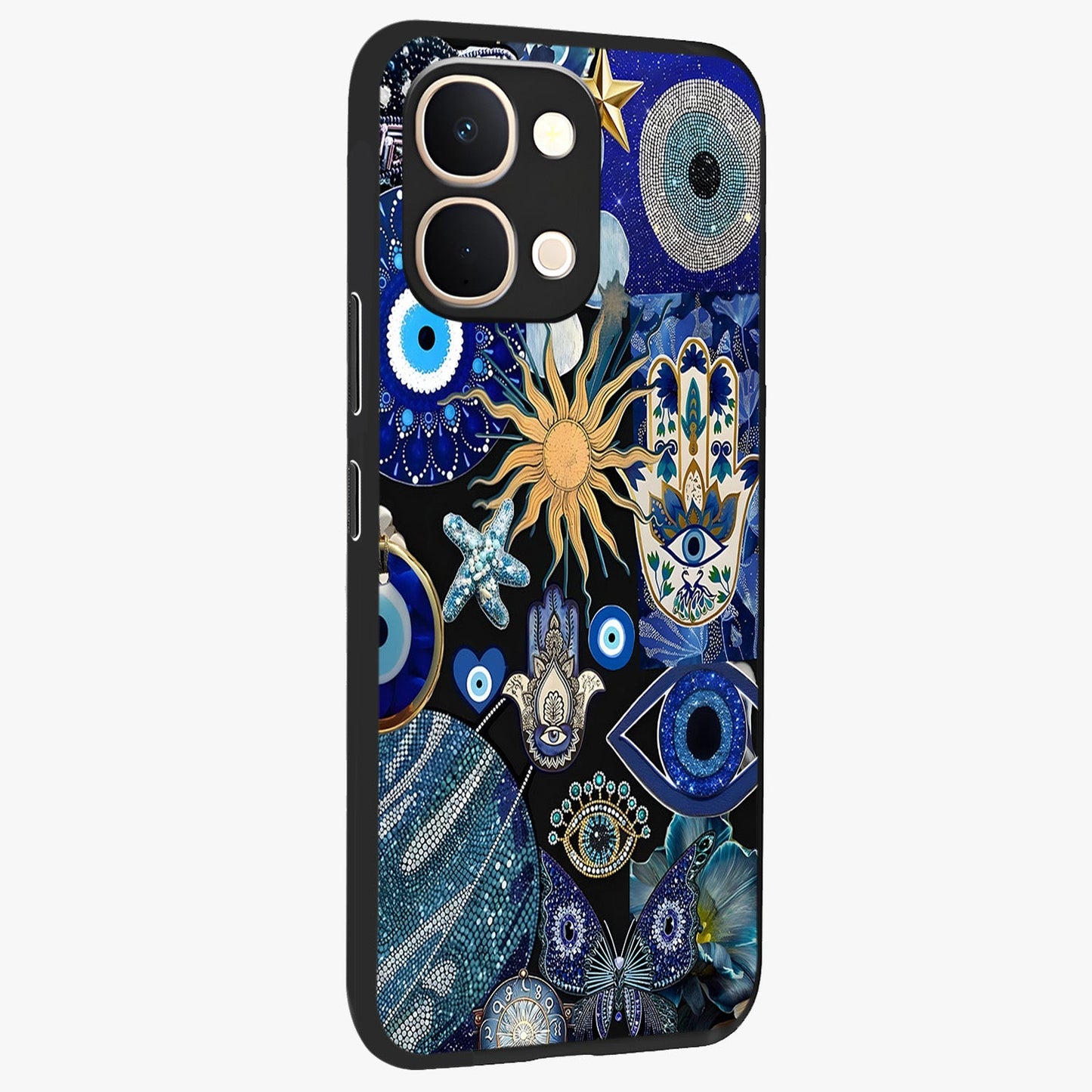 Evil Eye Charm Mix Glass Case upright view showcasing mystical evil eye pattern with vibrant decorative style.