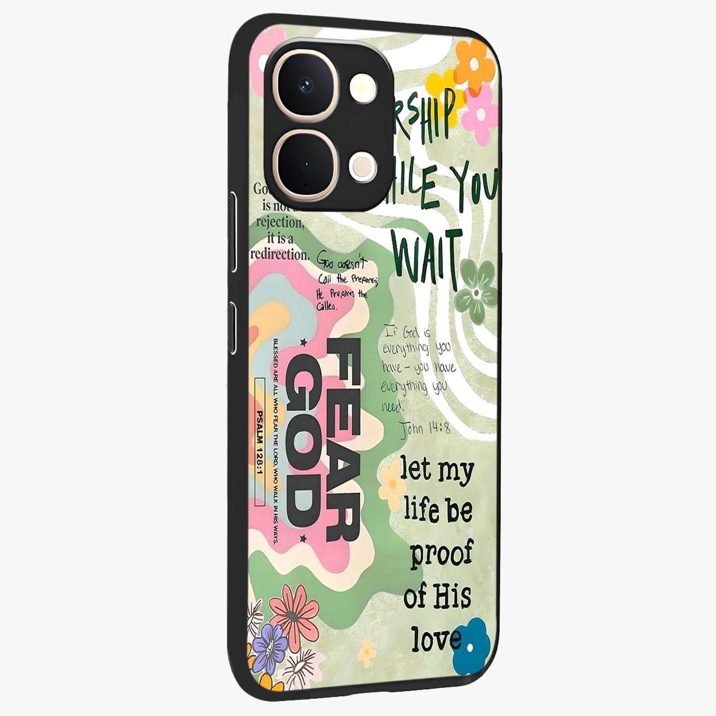 Faith Over Fear Glass Case upright view showcasing bold typography artwork with uplifting motivational theme.