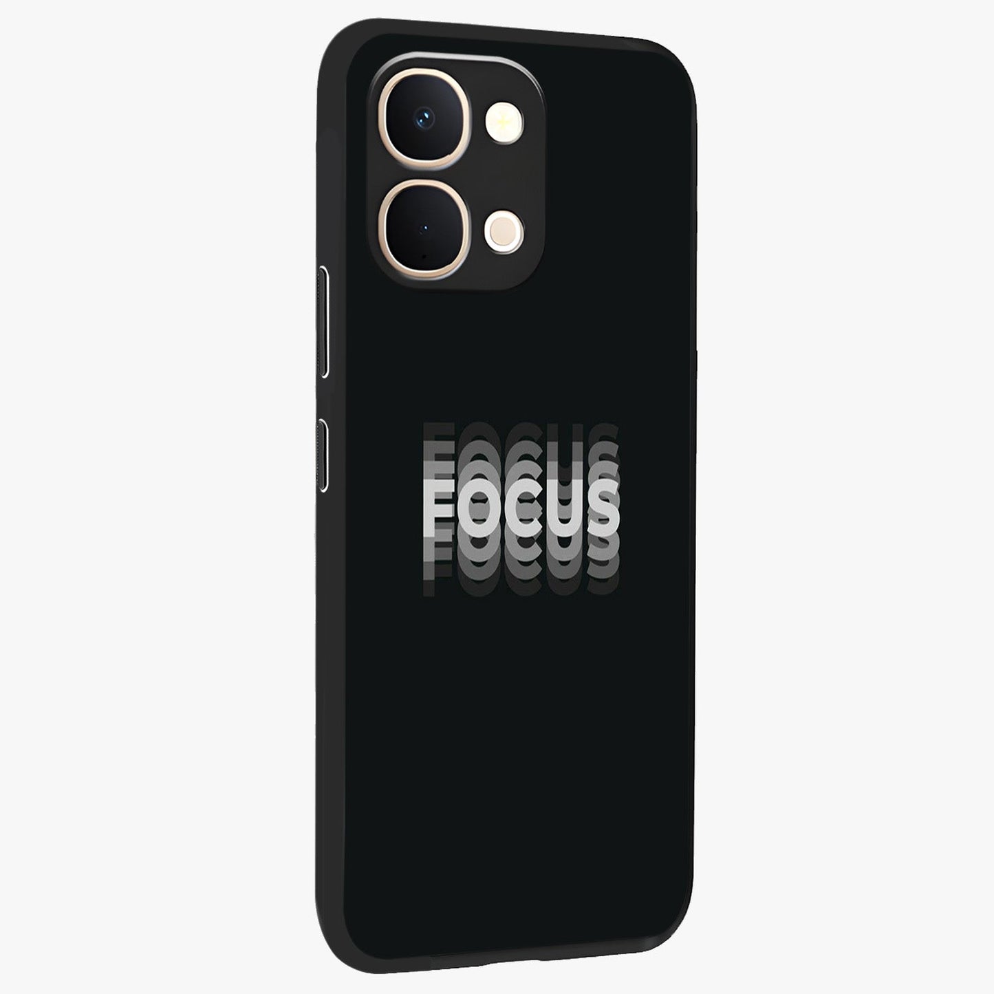 Focus Mode On Glass Case upright view showcasing strong typography statement with sleek motivational theme.