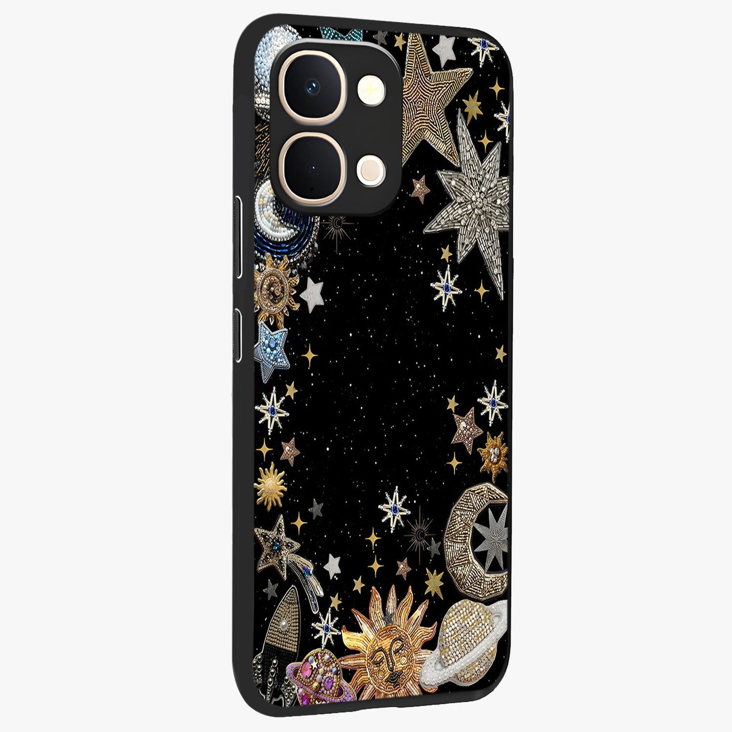 Galactic Jewel Stars Glass Case upright view showcasing glittering star jewel artwork with vibrant galaxy theme.