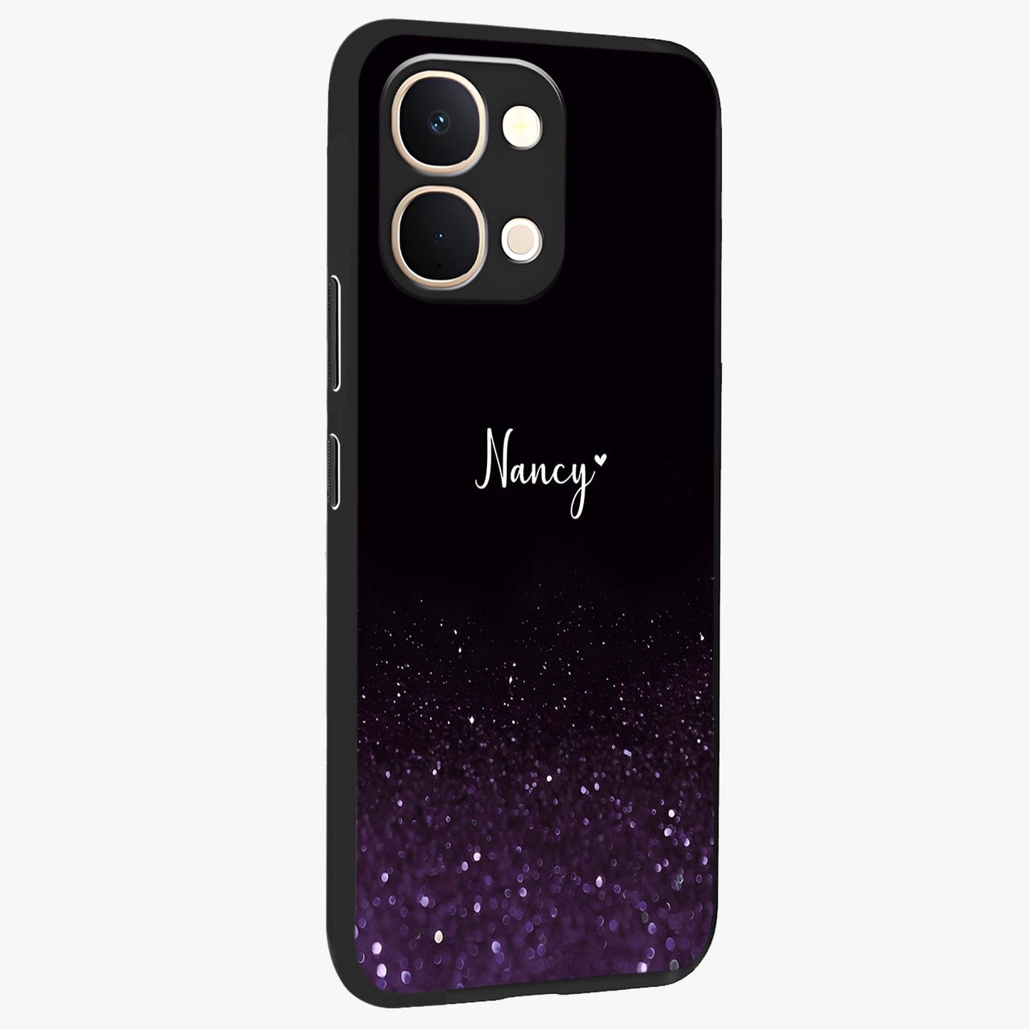 Glittery Purple Bokeh Custom Name Glass Case upright view showcasing vibrant purple sparkle artwork with personalized aesthetic style.