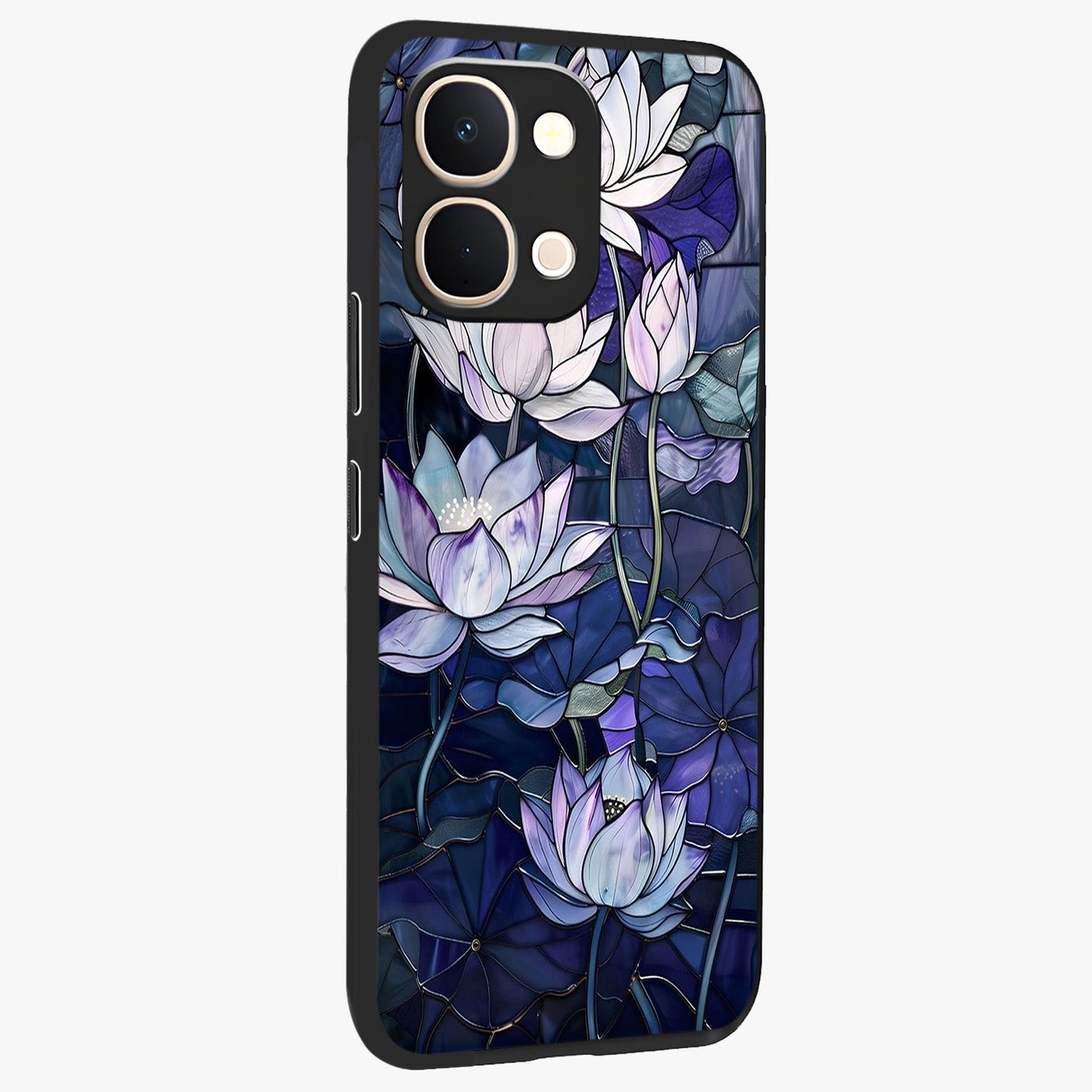 Gloss Petal Rush Glass Case upright view showcasing dynamic floral petal artwork with modern botanical theme.