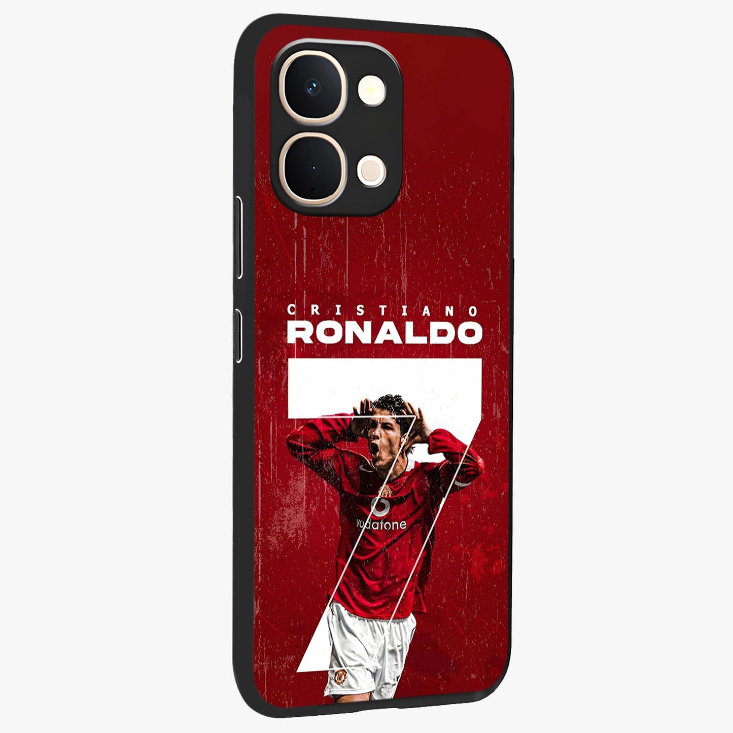 Goal Celebration Legacy Glass Case upright view showcasing dynamic football inspired artwork with victory celebration aesthetic.