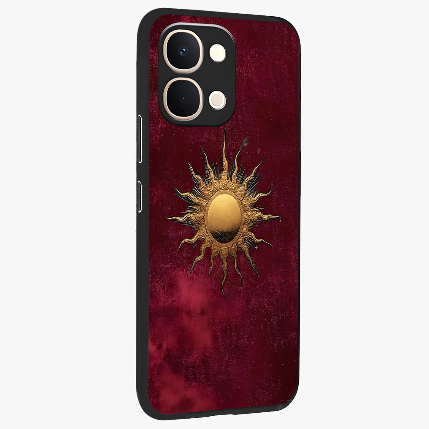 Golden Sun Minimalism Glass Case upright view showcasing simple golden sun artwork with elegant minimalist style.