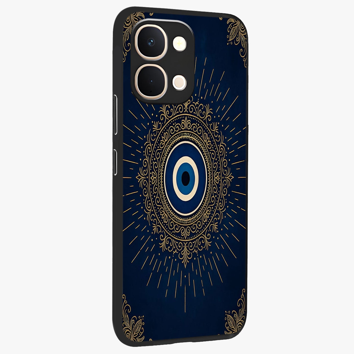 Golden Celestial Charm Glass Case upright view showcasing radiant celestial artwork with elegant golden theme.