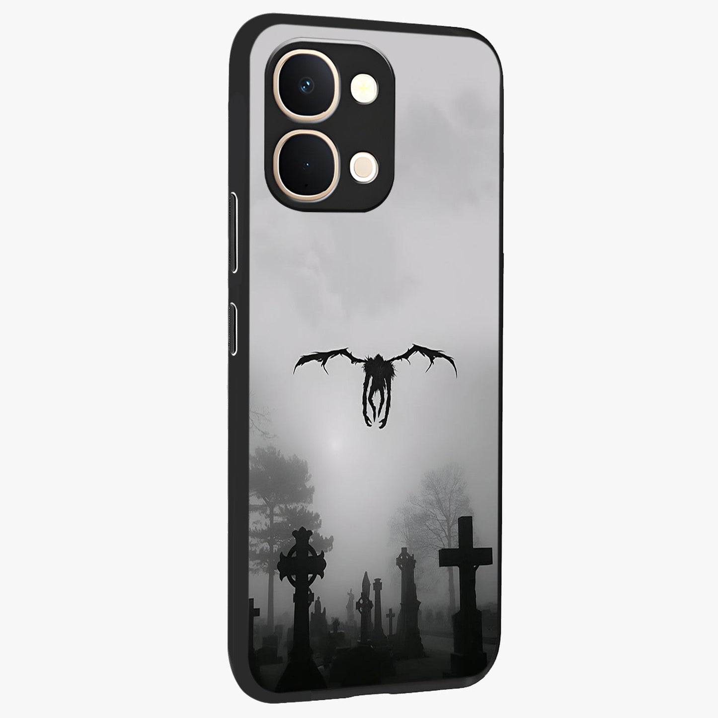 Graveyard Shadow Descent Glass Case upright view showcasing haunting graveyard artwork with dramatic dark theme.
