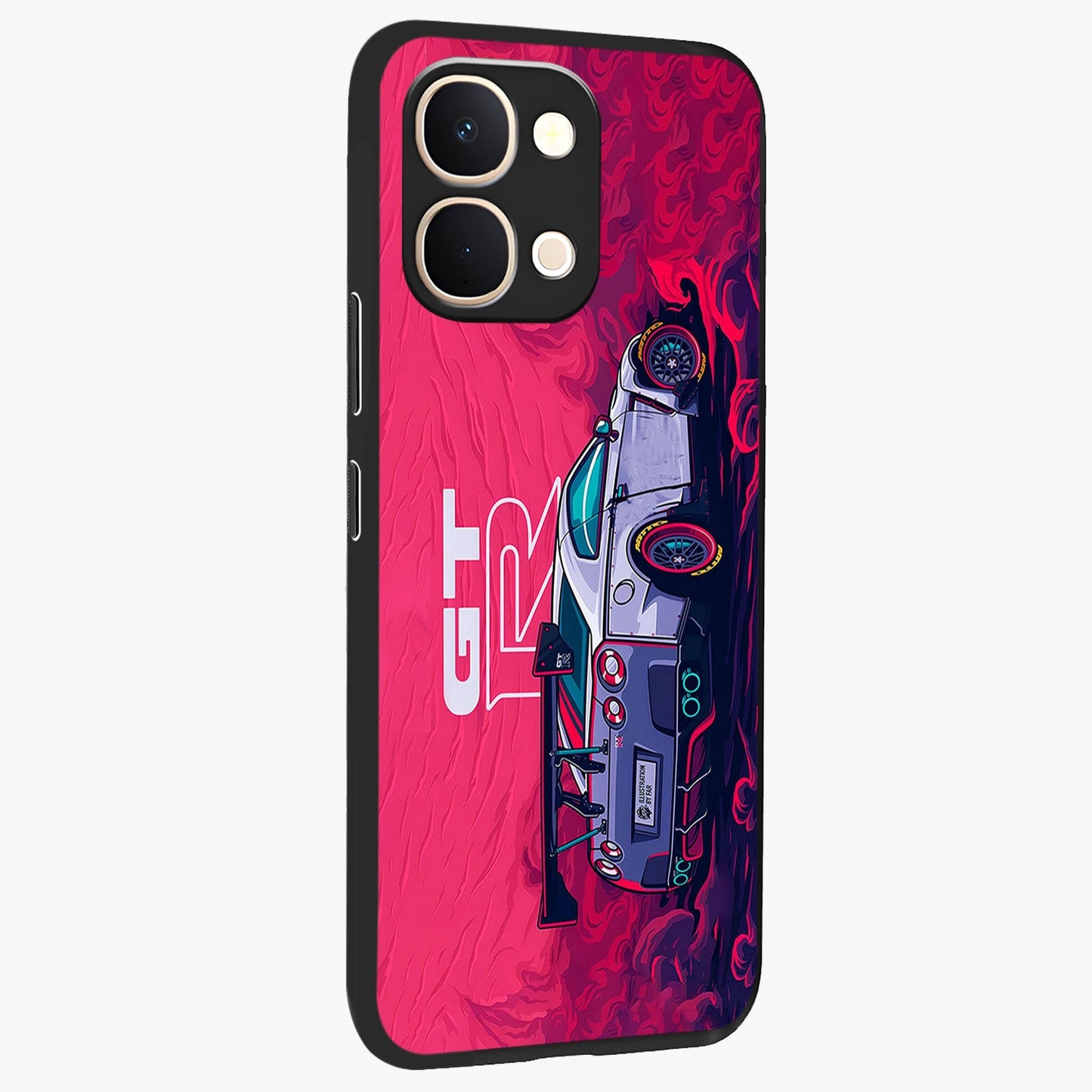 GT-R Car Pattern Glass Case upright view showcasing dynamic car pattern artwork with modern sports theme.