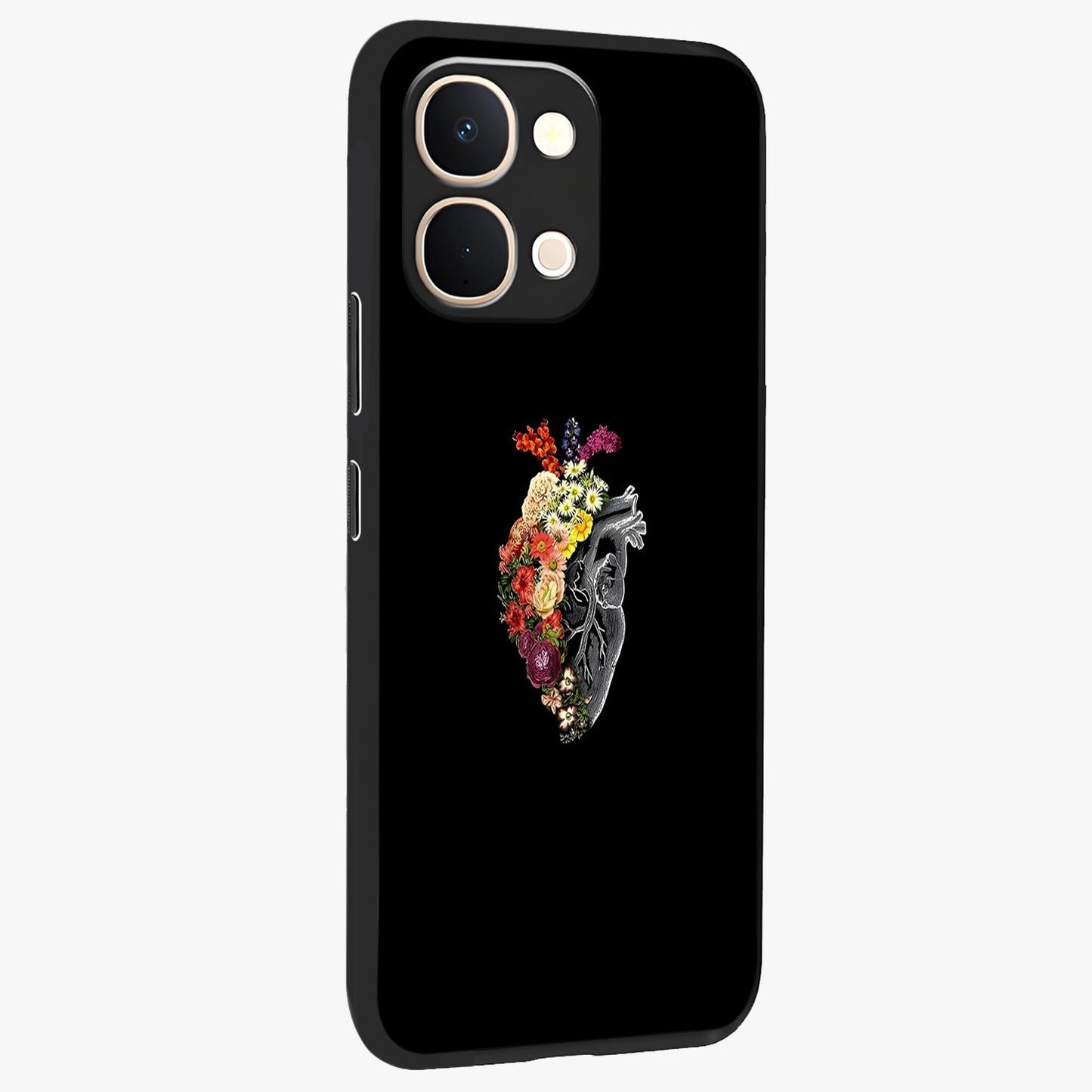 Heart With Flowers Glass Case upright view showcasing decorative heart and floral artwork with sweet romantic theme.
