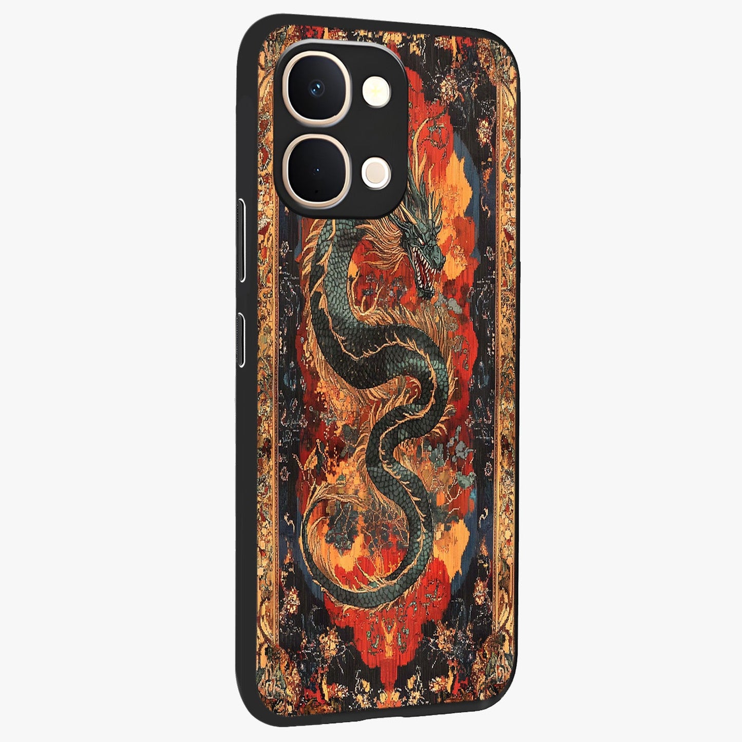 Inferno Dragon Soul Glass Case upright view showcasing intense dragon artwork with fantasy fire theme.