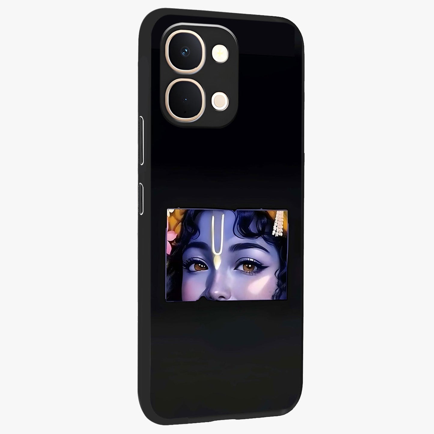 Krishna Divine Embrace Glass Case upright view showcasing sacred Krishna artwork with peaceful devotional theme.