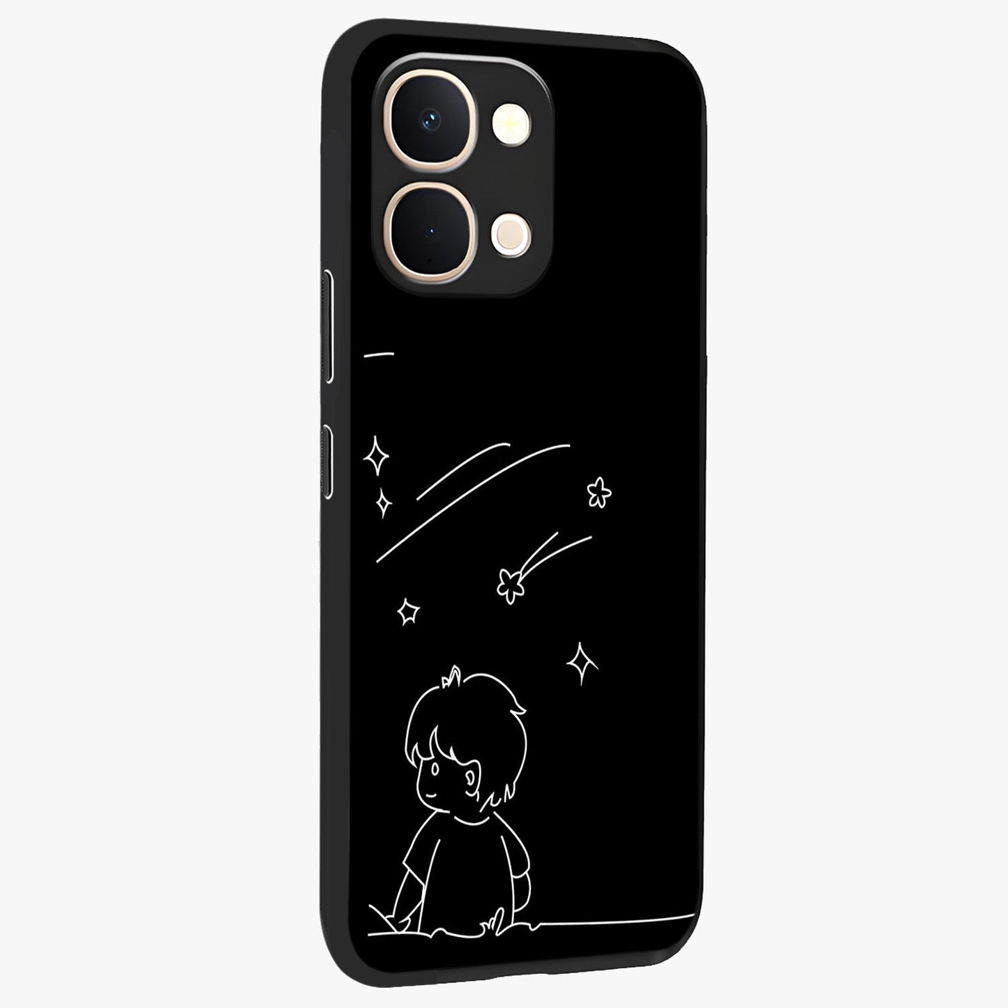 Line Art Boy With Shooting Stars Glass Case upright view showcasing artistic shooting star illustration with minimal style.