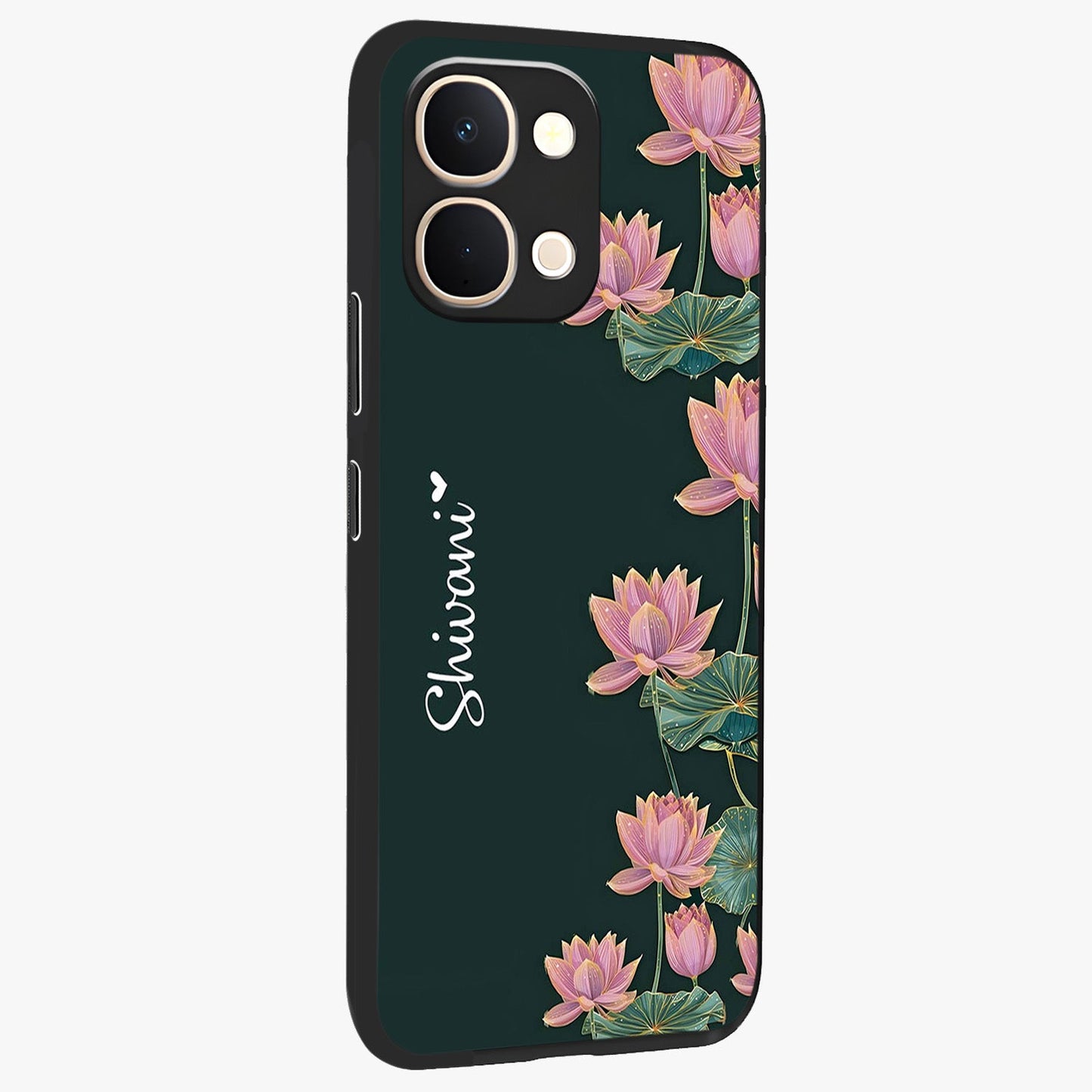 Lotus Bloom Serenity Custom Name Glass Case upright view showcasing serene lotus bloom artwork with personalized floral aesthetic.